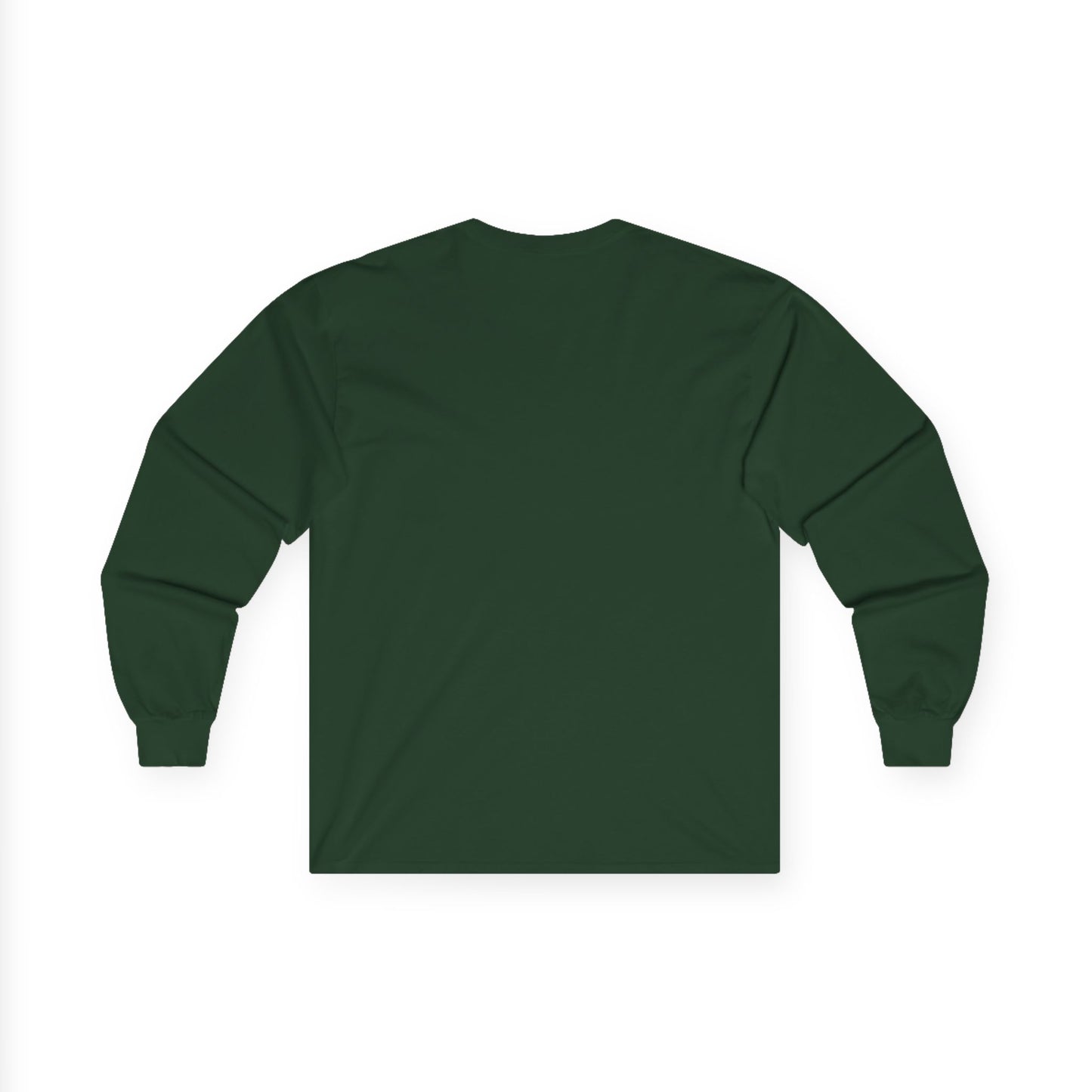 Back view of dark green Gildan 2400 long sleeve unisex t-shirt, featuring cuffed sleeves and solid forest green design, ideal for custom printing, layering, and casual wear.