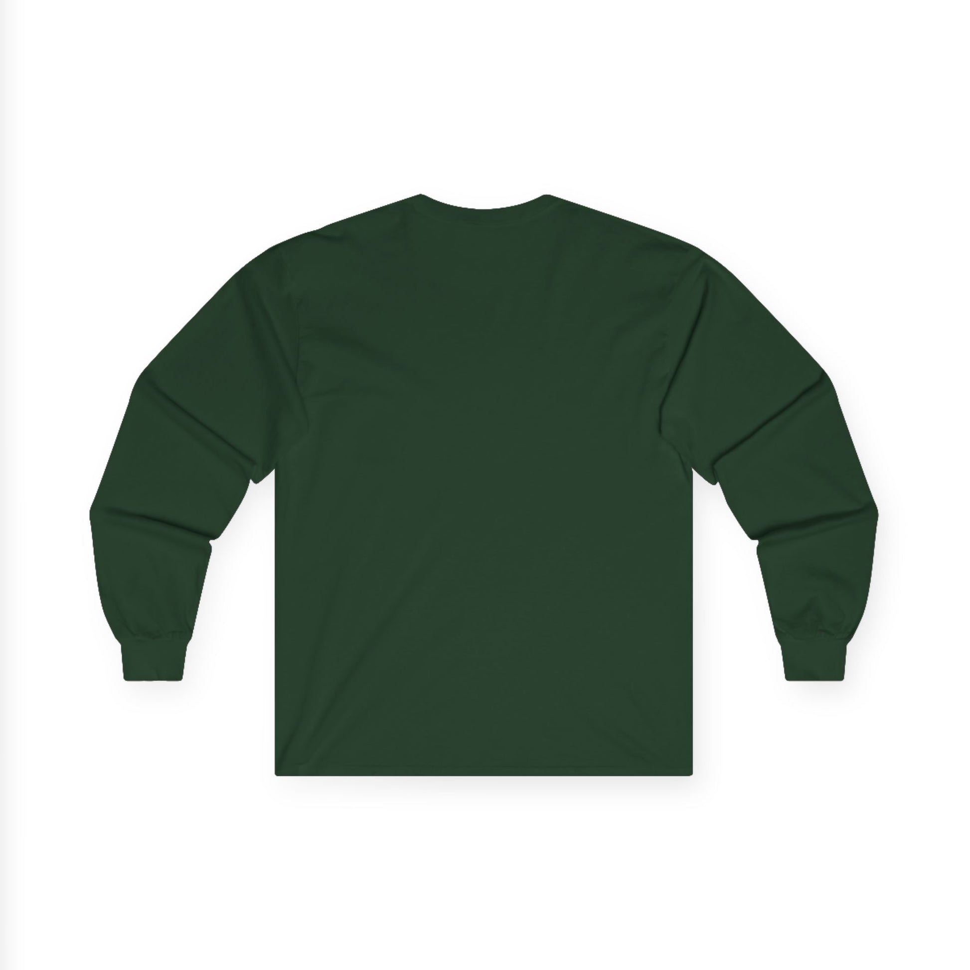 Back view of dark green Gildan 2400 long sleeve unisex t-shirt, featuring cuffed sleeves and solid forest green design, ideal for custom printing, layering, and casual wear.