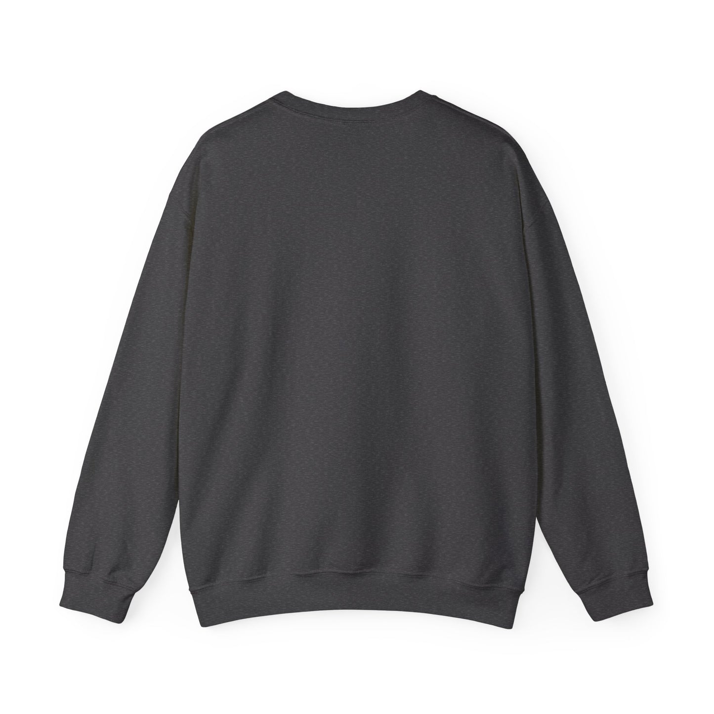 Back view of dark heather gray Gildan 18000 unisex crewneck sweatshirt with long sleeves, blank heathered design ready for custom prints.