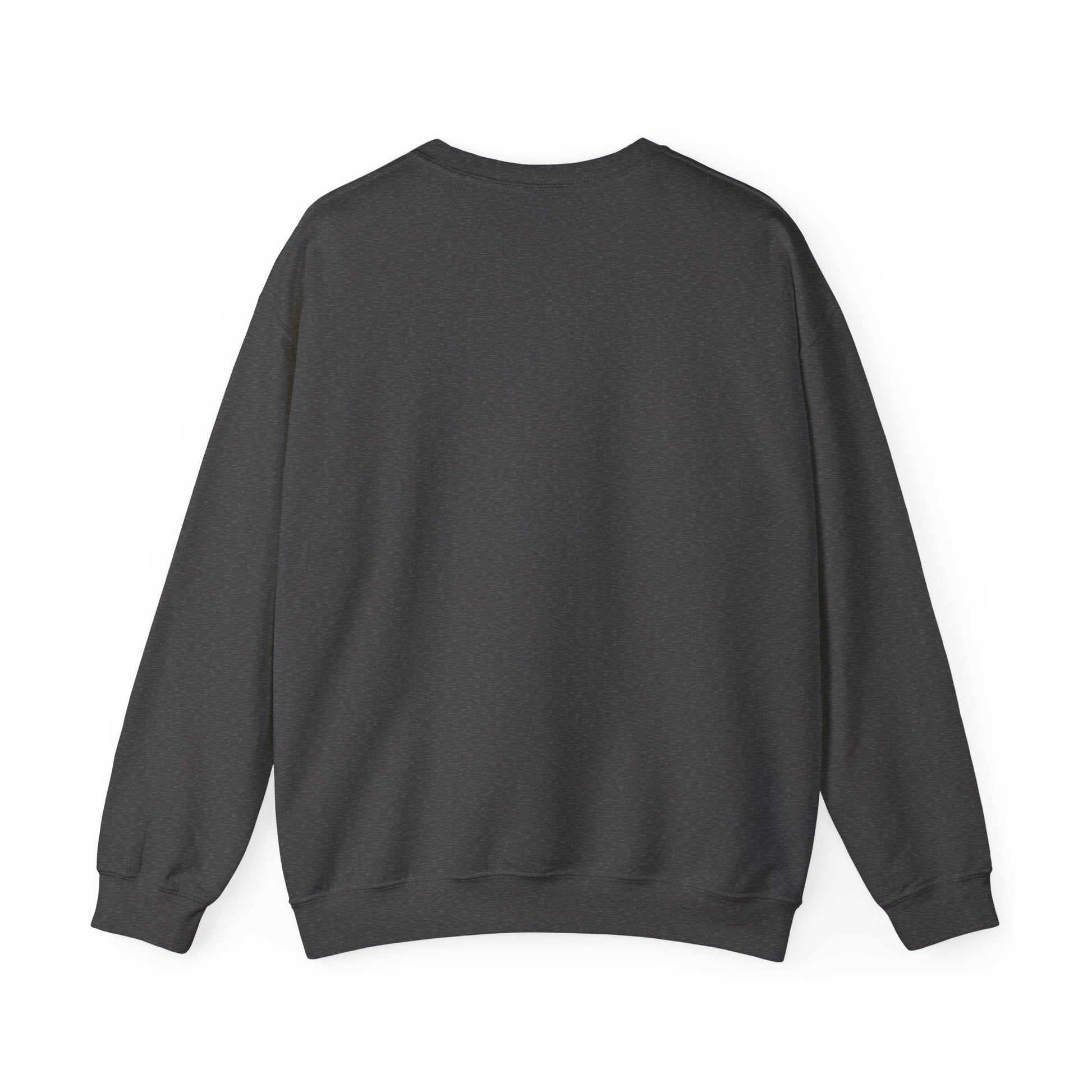 Back view of dark heather gray Gildan 18000 unisex crewneck sweatshirt with long sleeves, blank heathered design ready for custom prints.