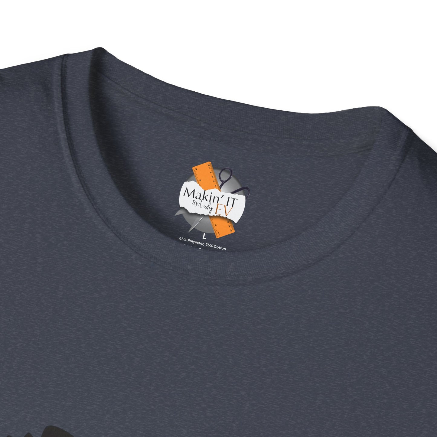 Dark heather gray t-shirt with Halloween ghost coffee design, close-up neck tag label, Makin’ It By Lady Ev.