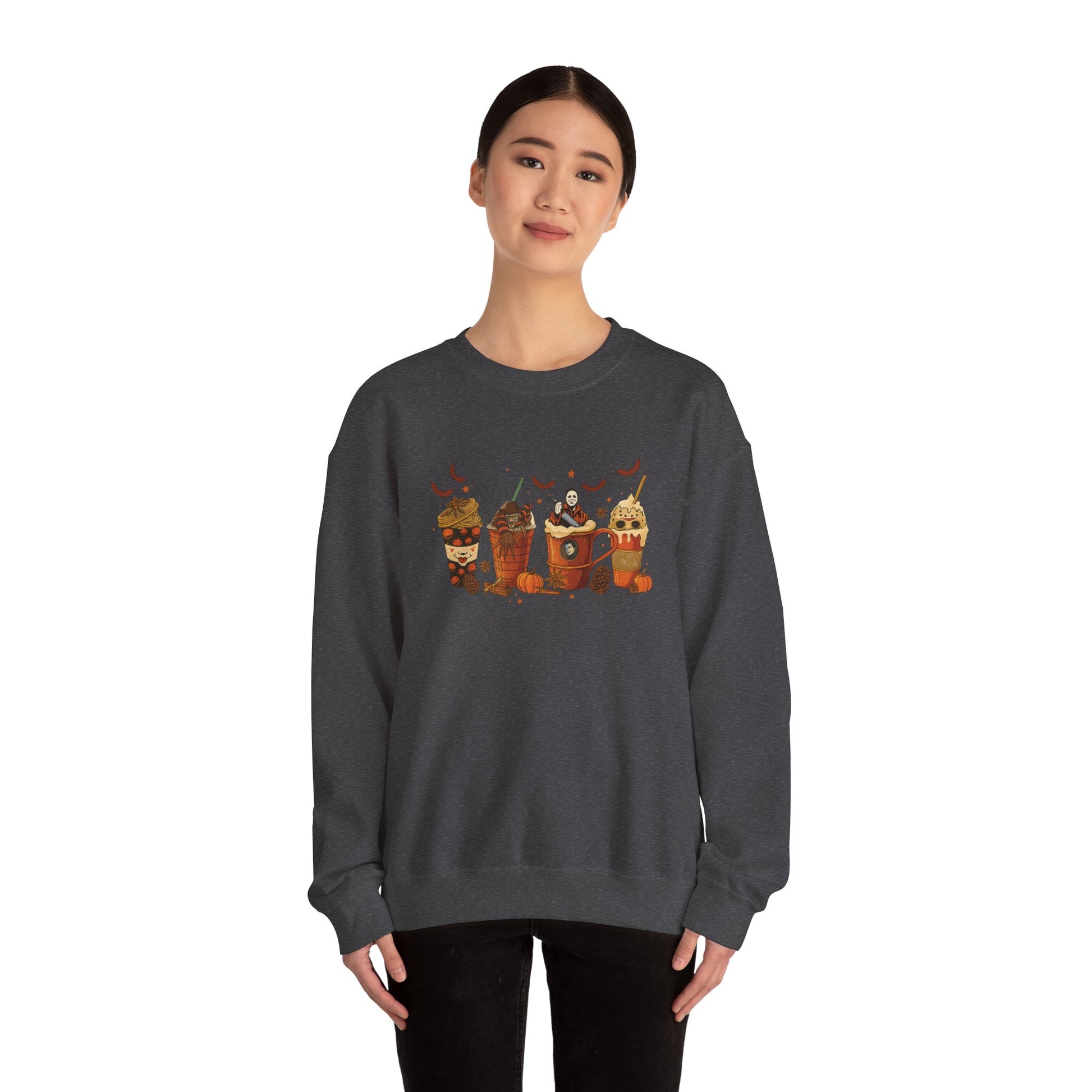 Dark heather gray Gildan 18000 unisex crewneck sweatshirt with Halloween horror coffee drinks design, shown on model for cozy casual wear.