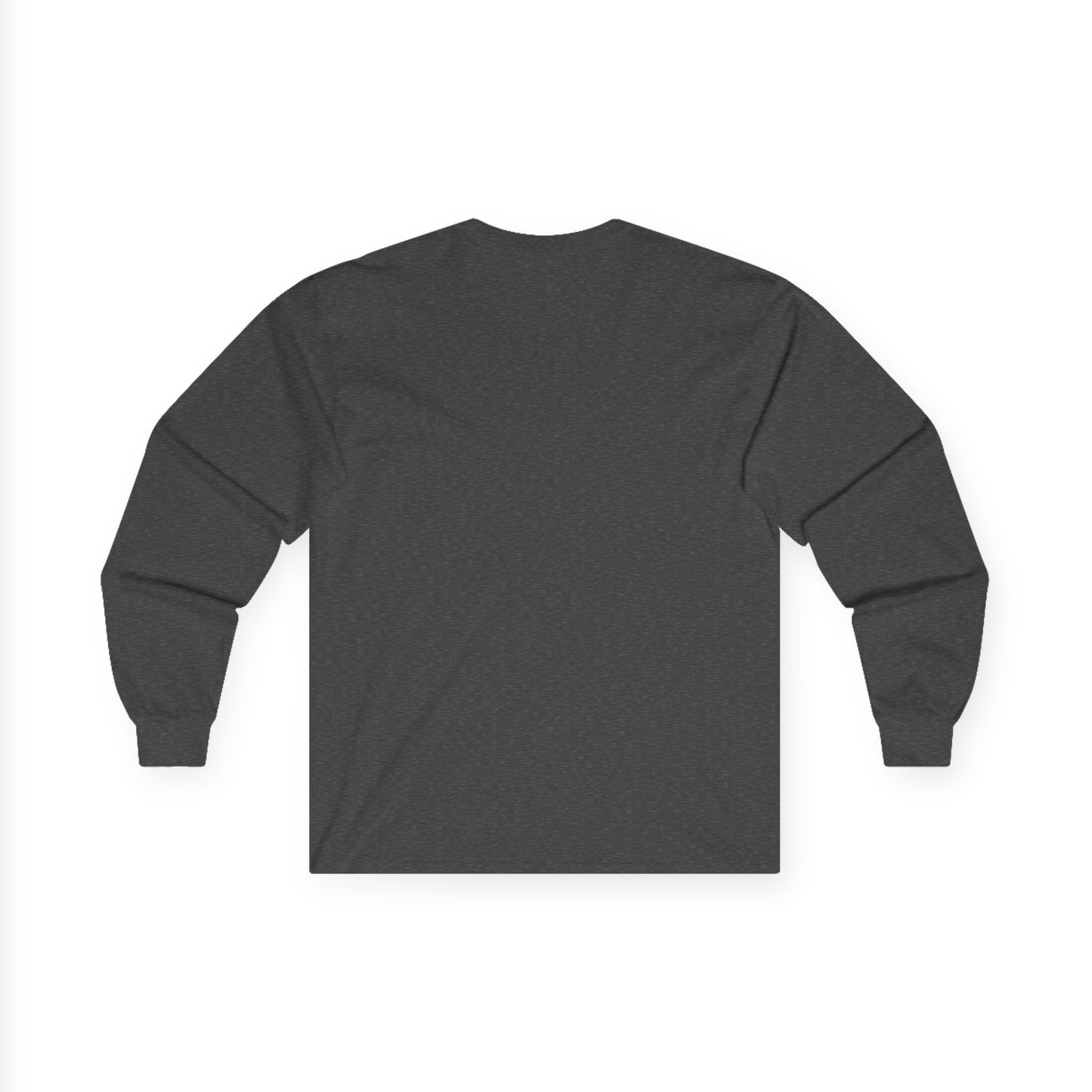 Back view of dark heather gray Gildan 2400 long sleeve unisex t-shirt, featuring cuffed sleeves and soft solid color design, ideal for custom printing and everyday wear.