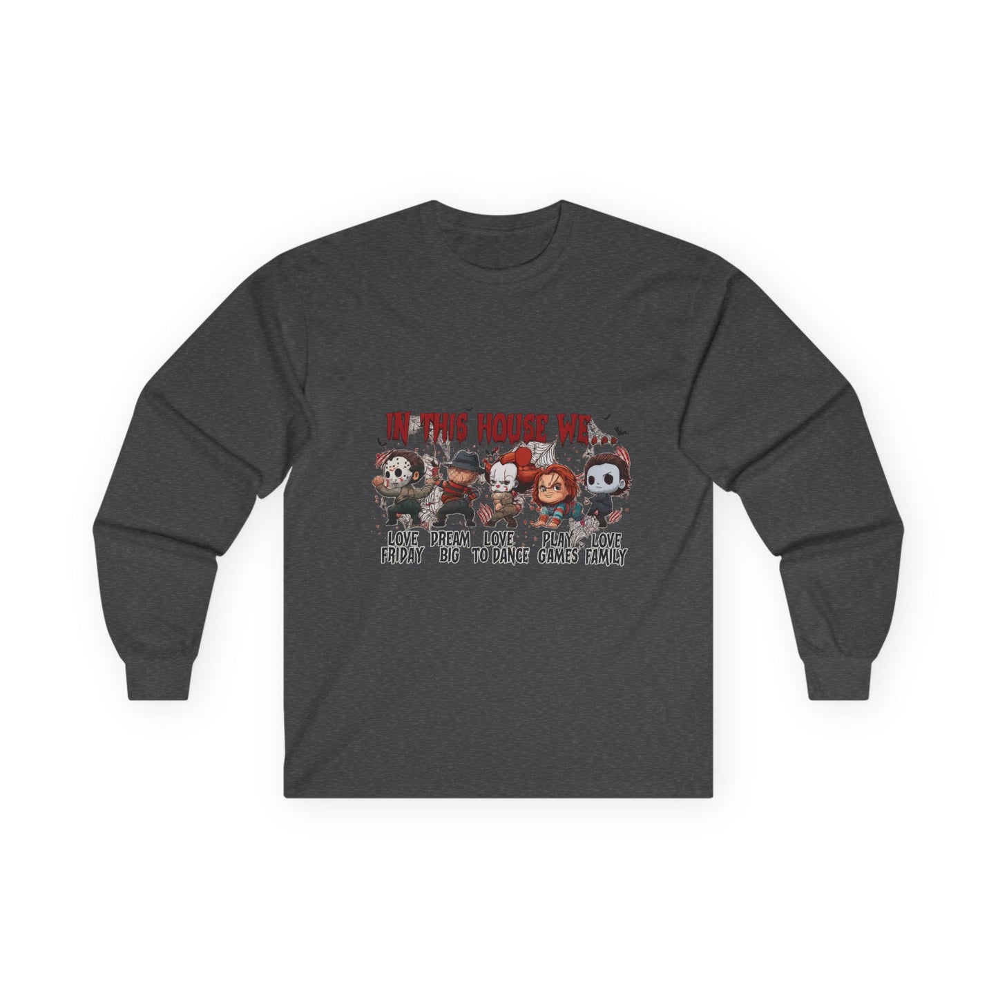 Dark heather gray Gildan 2400 long sleeve unisex t-shirt with Halloween “In This House We” graphic featuring horror icons.