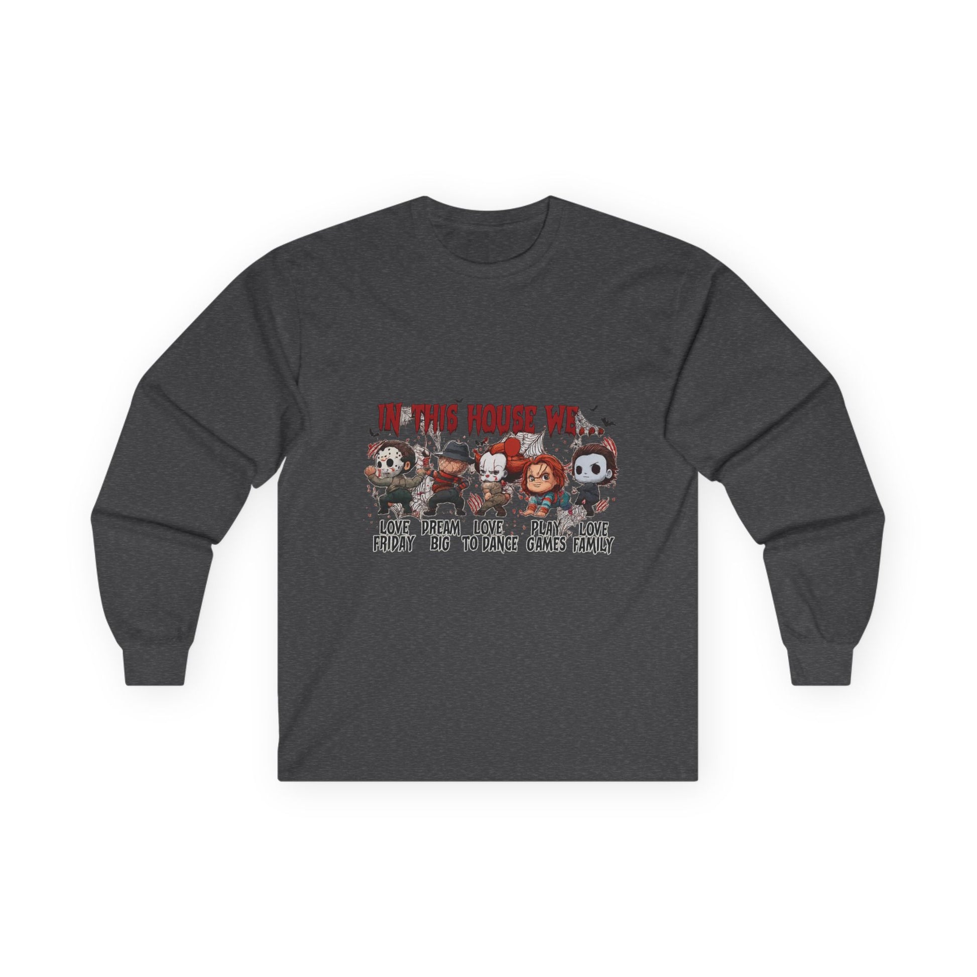 Dark heather gray Gildan 2400 long sleeve unisex t-shirt with Halloween “In This House We” graphic featuring horror icons.