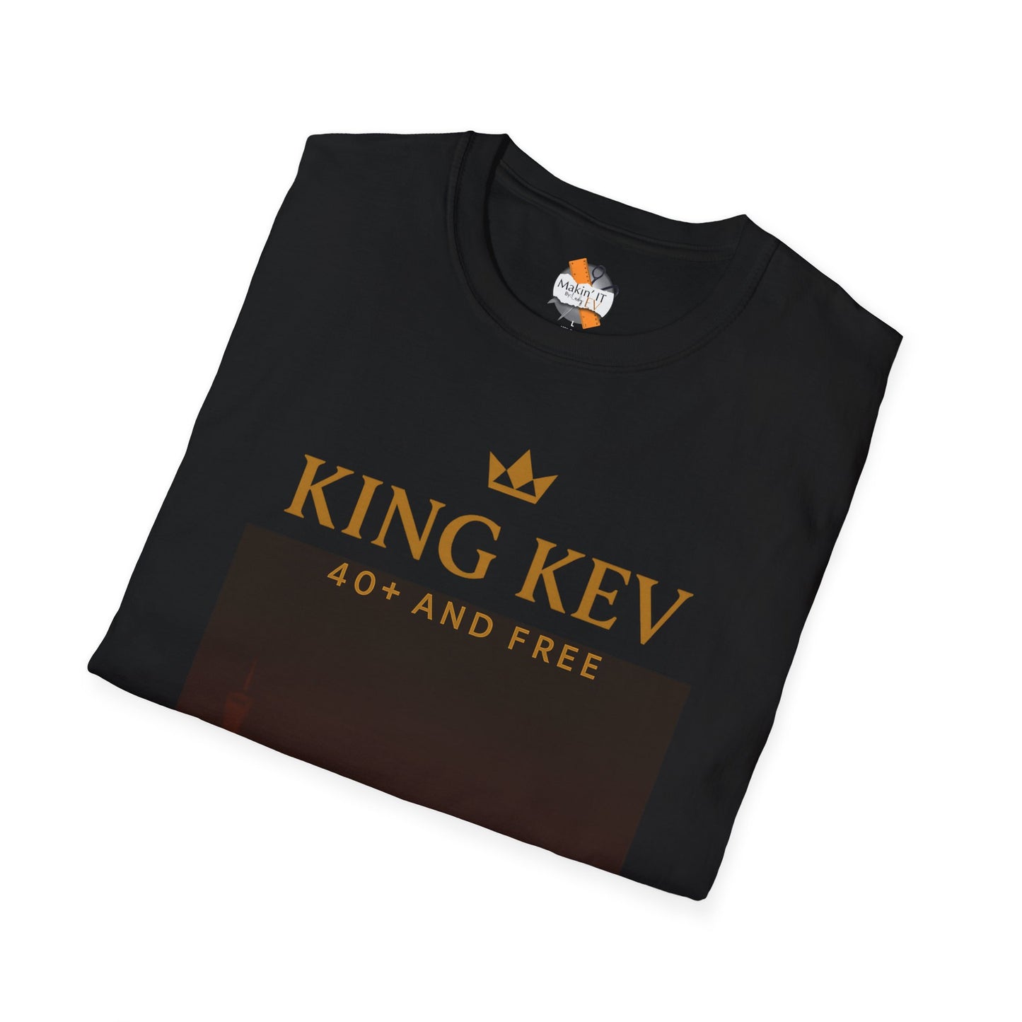 Folded black King Kev 40+ and Free t-shirt with gold crown print design
