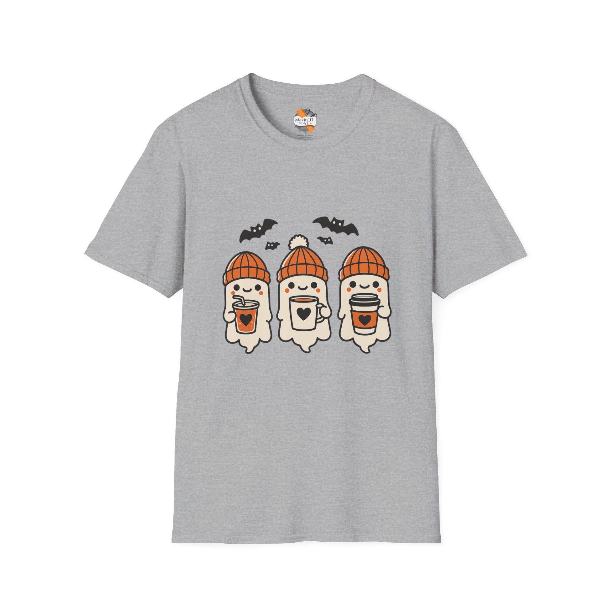 Heather gray t-shirt with cute Halloween design of three baby ghosts wearing orange knitted beanies and holding drinks, with bats flying above – by Makin’ It By Lady Ev
