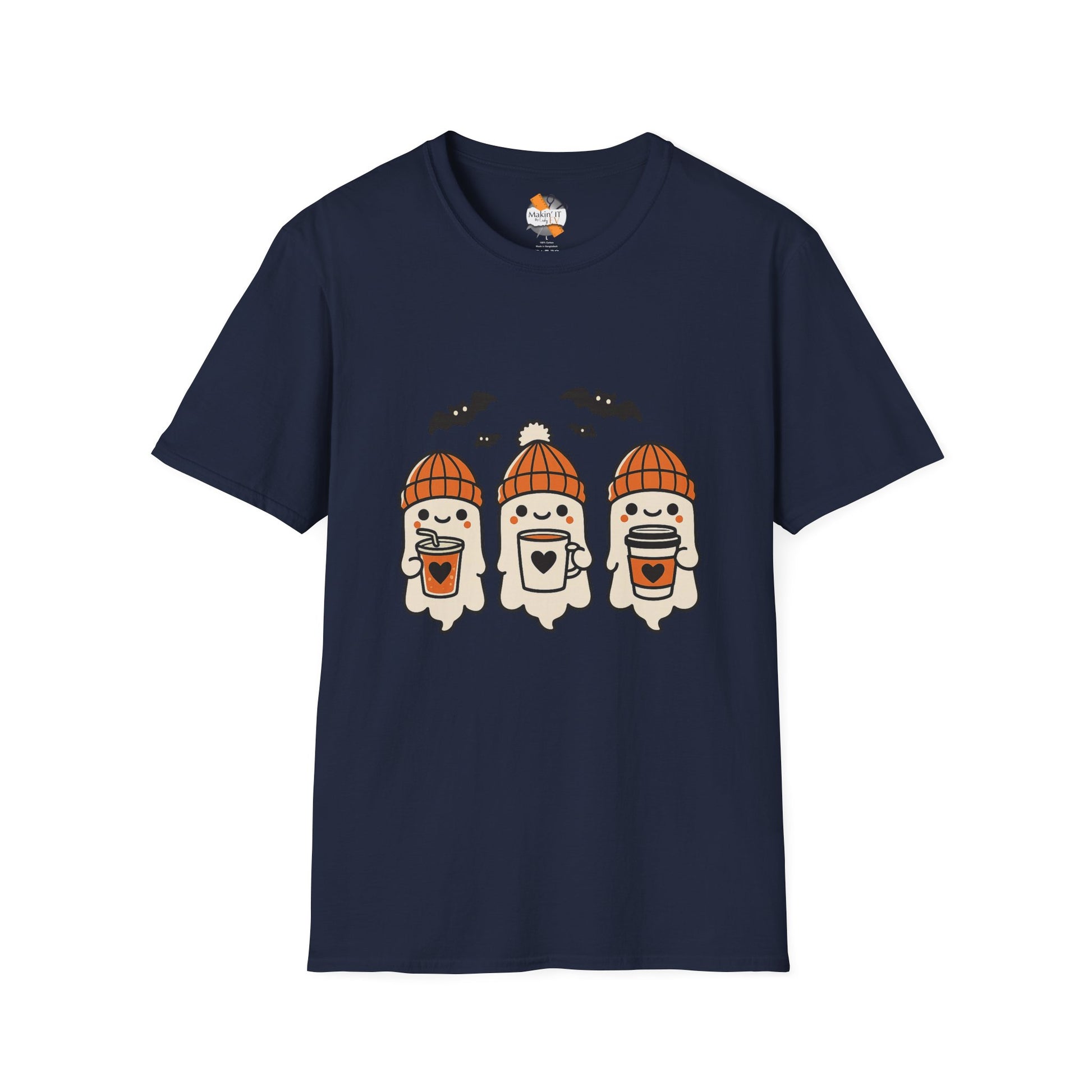 Navy blue unisex t-shirt with playful Halloween graphic of three baby ghosts in cozy orange hats, sipping drinks with bats overhead – by Makin’ It By Lady Ev
