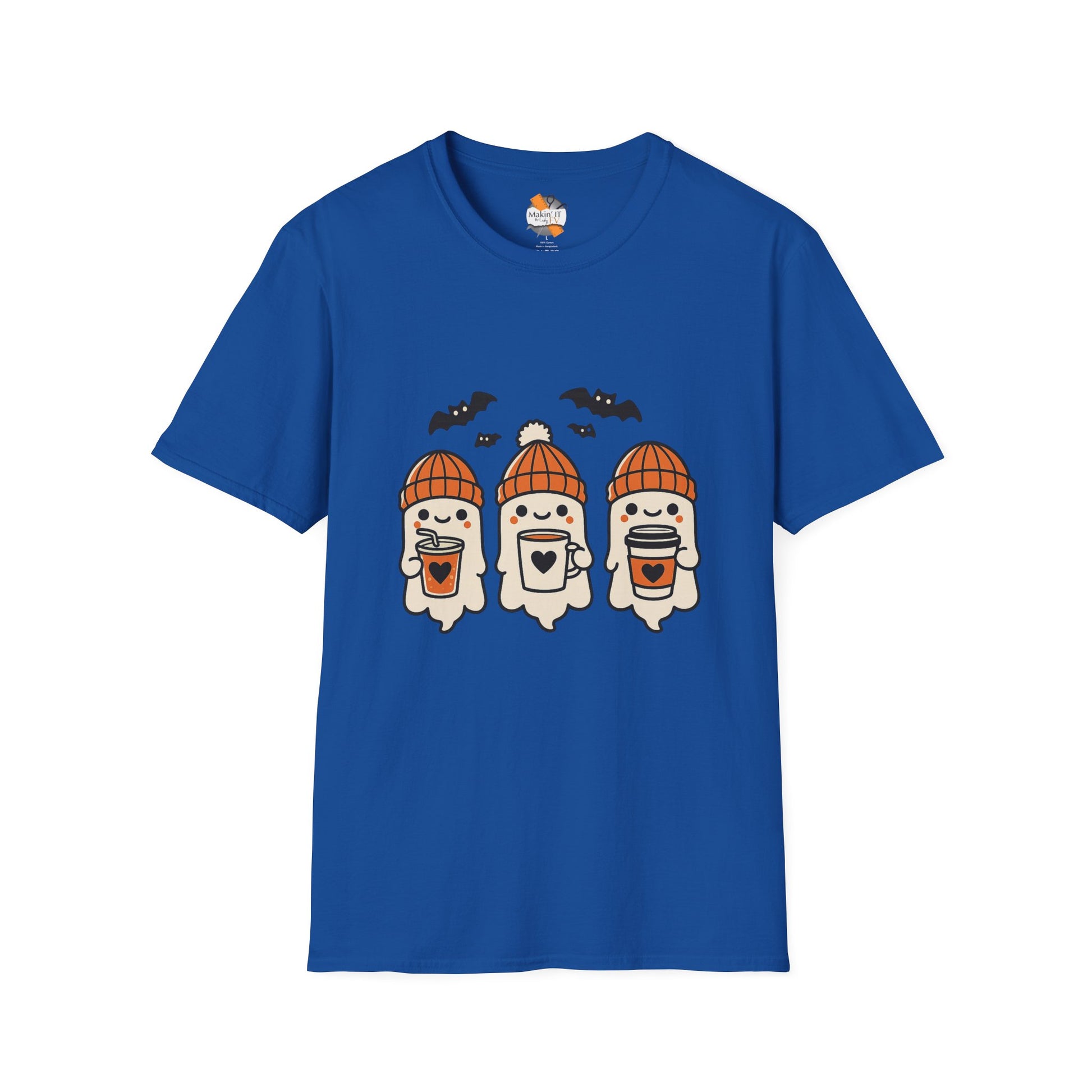 Royal blue Halloween graphic tee with three adorable baby ghosts in orange hats sipping drinks, surrounded by bats – festive fall shirt by Makin’ It By Lady Ev