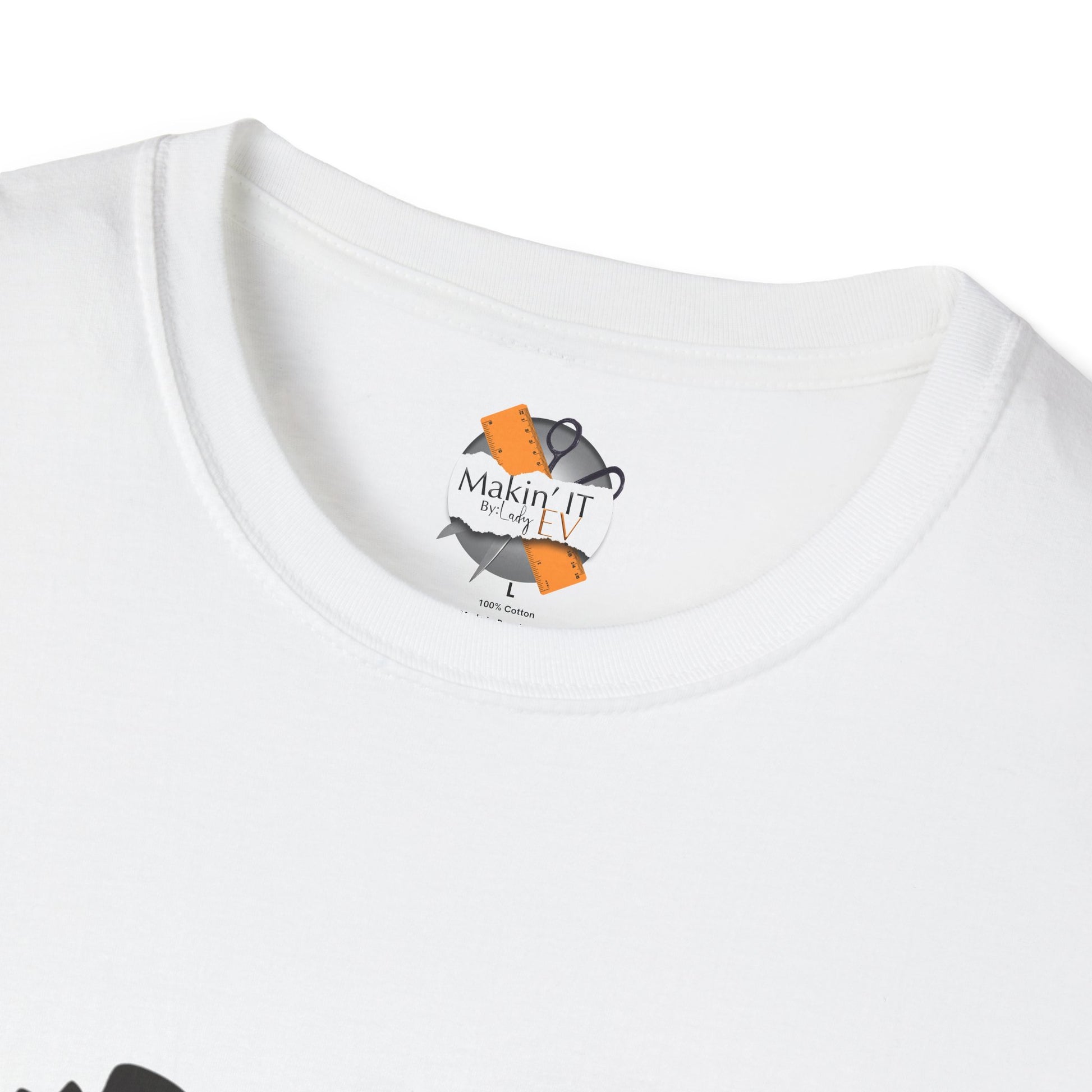 Close-up of neckline and inside label of white ghost beanie Halloween shirt – Makin’ It By Lady Ev branding