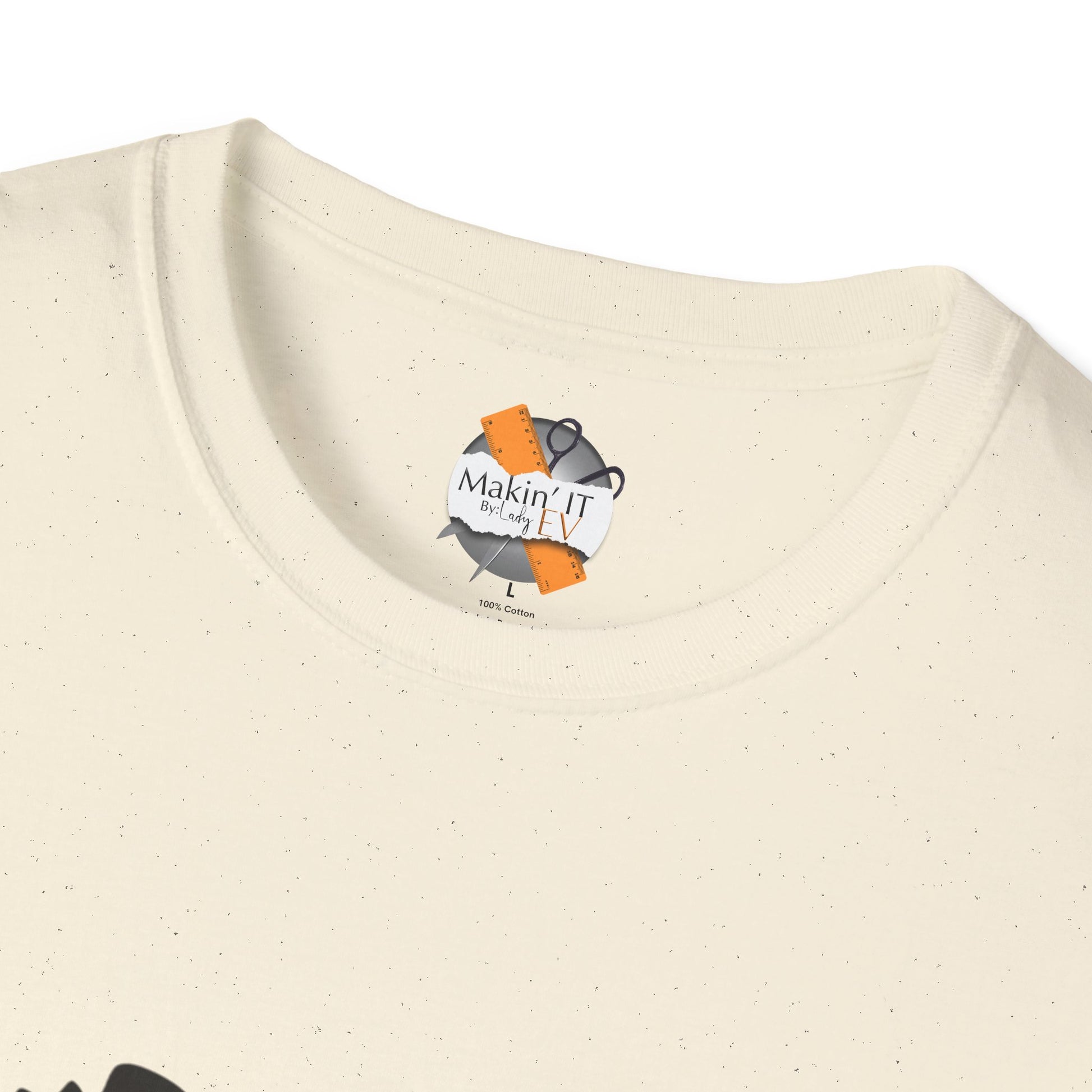 Neck tag closeup of oatmeal ghost beanie Halloween t-shirt by Makin’ It By Lady Ev