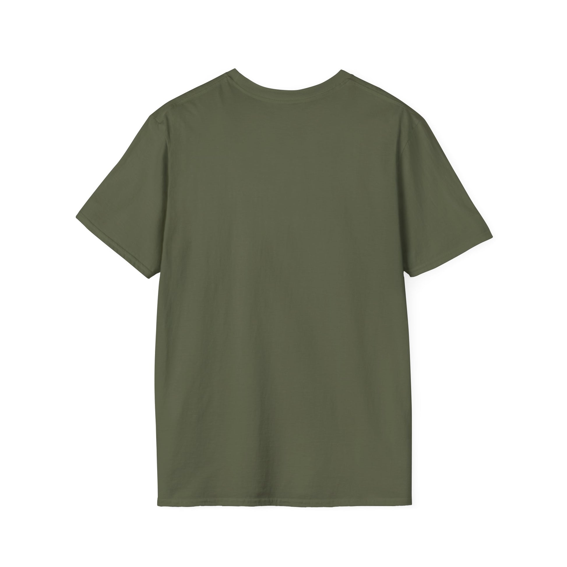 Back view of olive green Halloween t-shirt with ghost trio in orange beanies by Makin’ It By Lady Ev