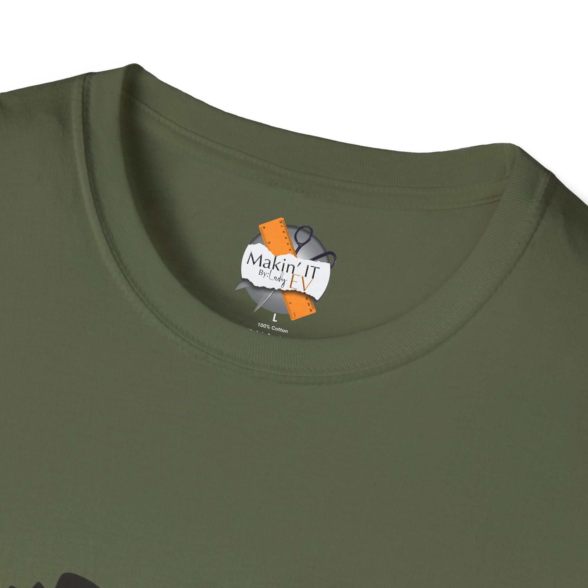 Neck tag closeup of olive green ghost beanie Halloween t-shirt by Makin’ It By Lady Ev