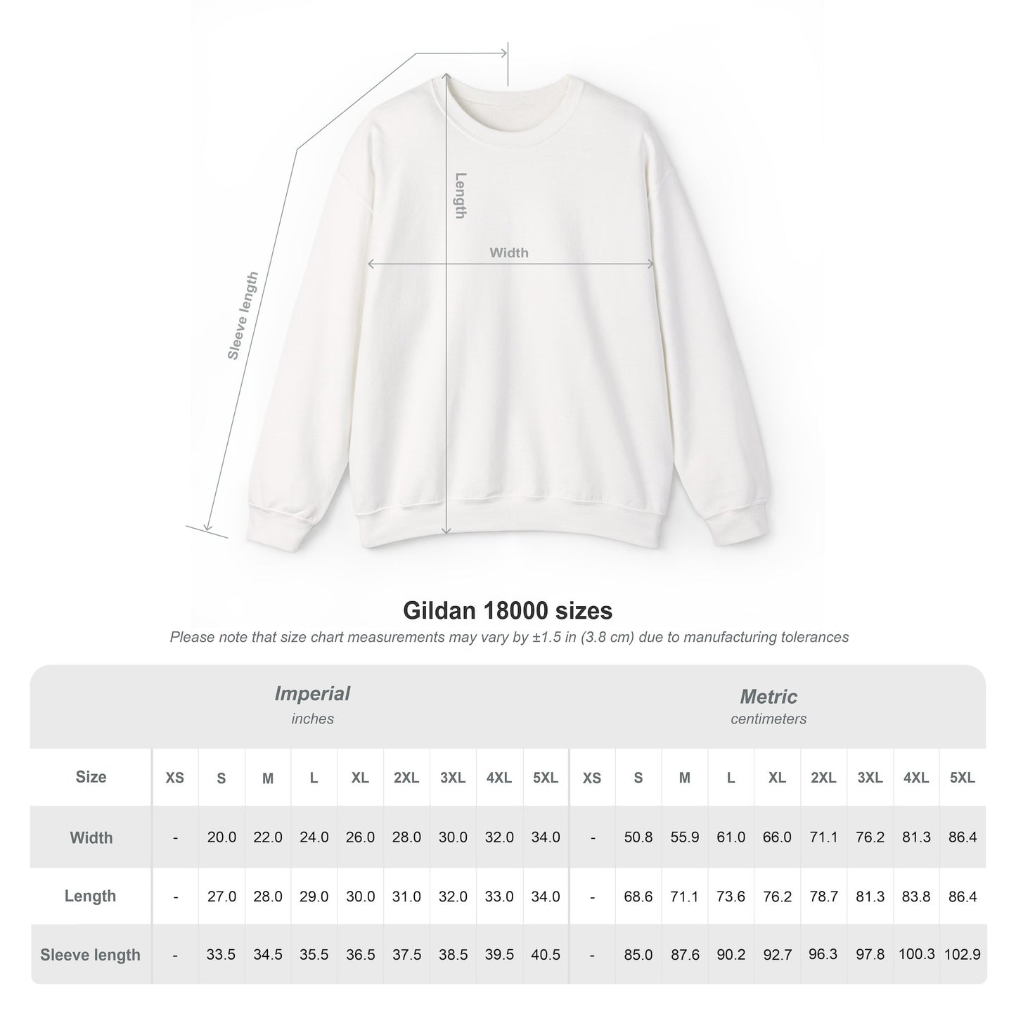 Gildan 18000 unisex crewneck size chart showing width, length, and sleeve measurements in inches and centimeters.