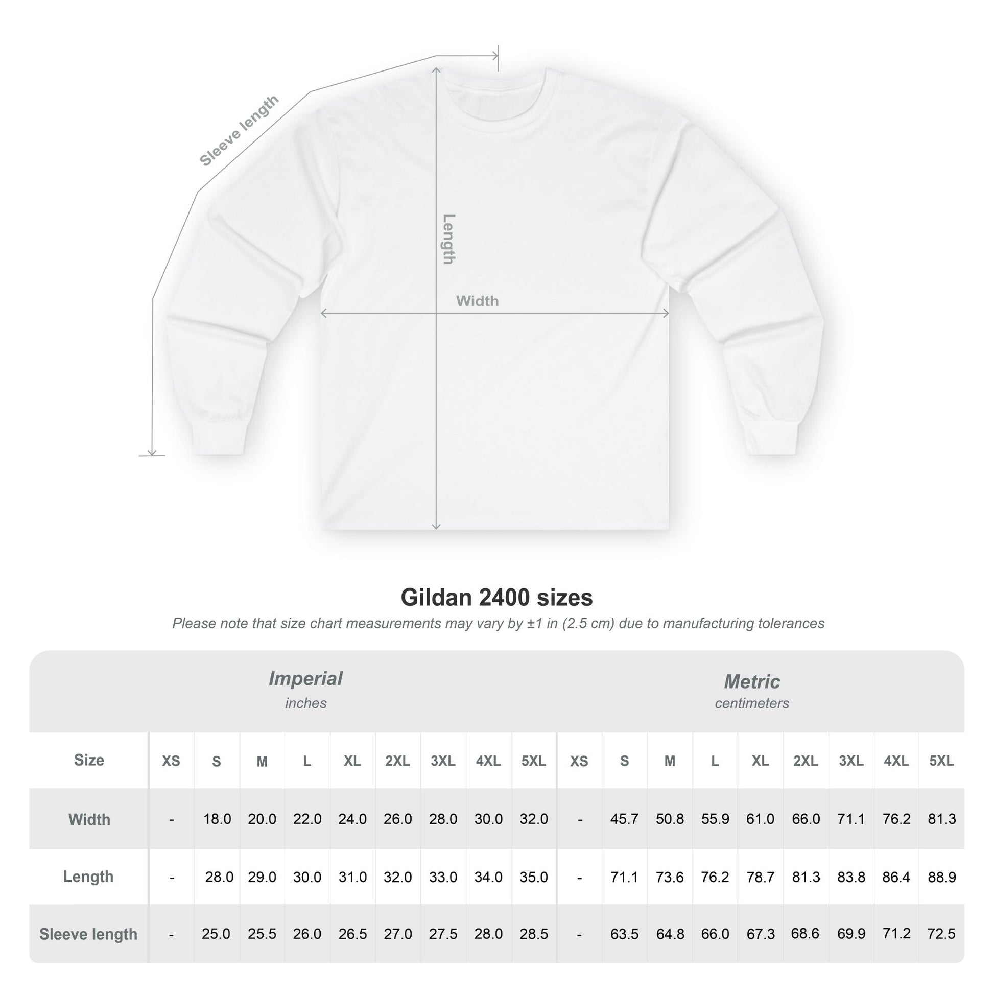Gildan 2400 long sleeve t-shirt size chart with width, length, and sleeve measurements in inches and centimeters for sizes S to 5XL.