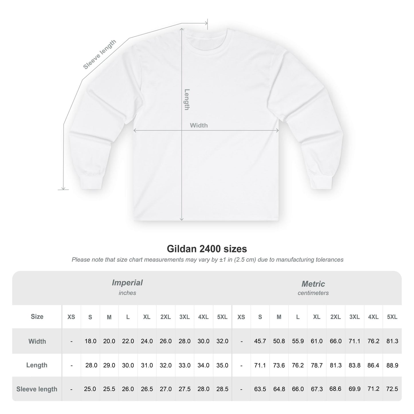 Gildan 2400 long sleeve t-shirt size chart with width, length, and sleeve measurements in inches and centimeters for sizes S to 5XL.