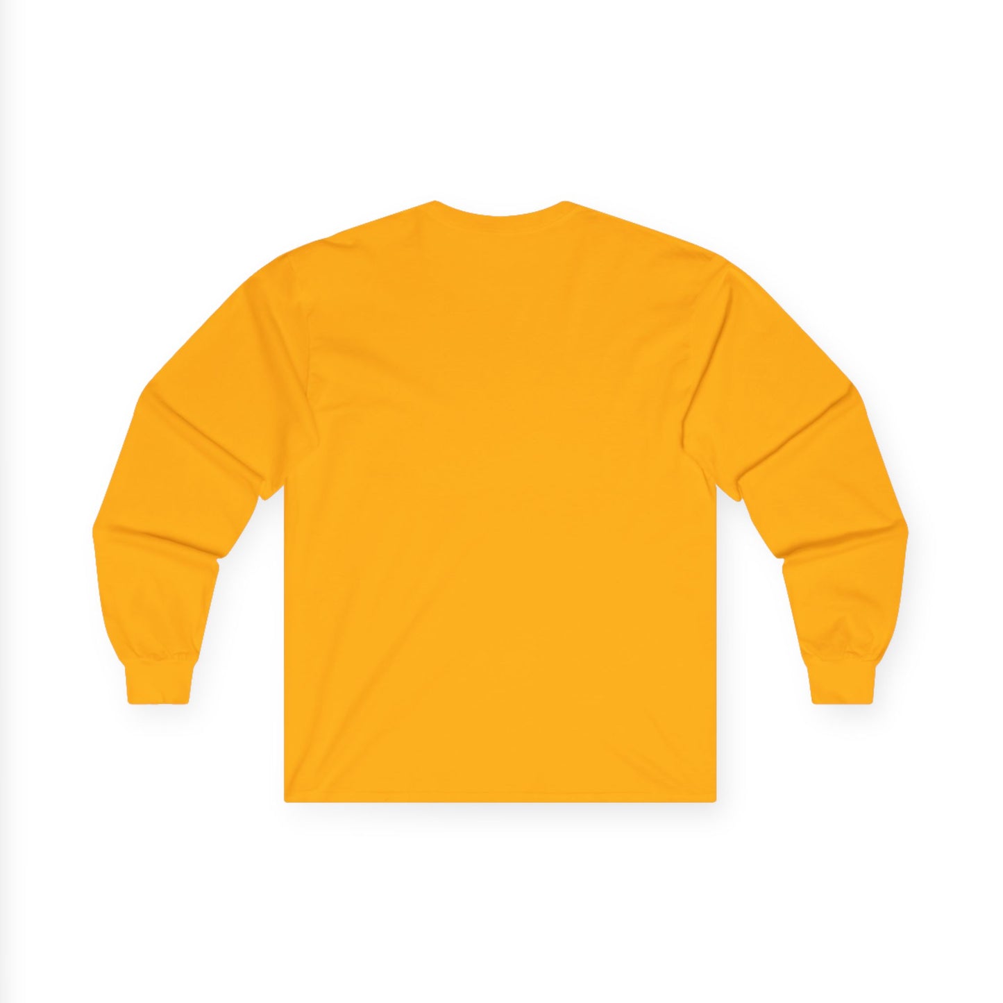 Back view of gold Gildan 2400 long sleeve unisex t-shirt, featuring cuffed sleeves and bright solid color design, perfect for custom printing, casual wear, and layering.