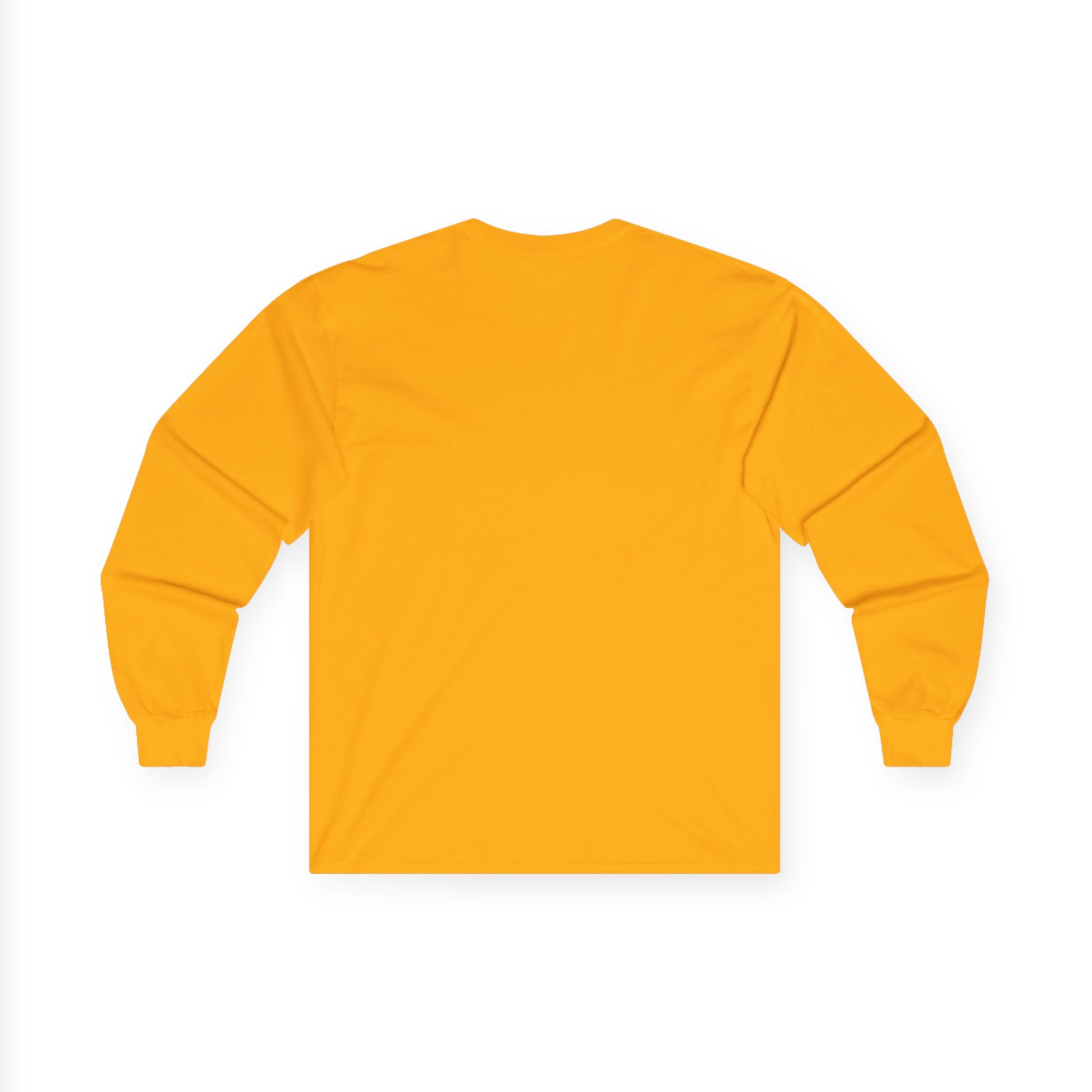 Back view of gold Gildan 2400 long sleeve unisex t-shirt, featuring cuffed sleeves and bright solid color design, perfect for custom printing, casual wear, and layering.