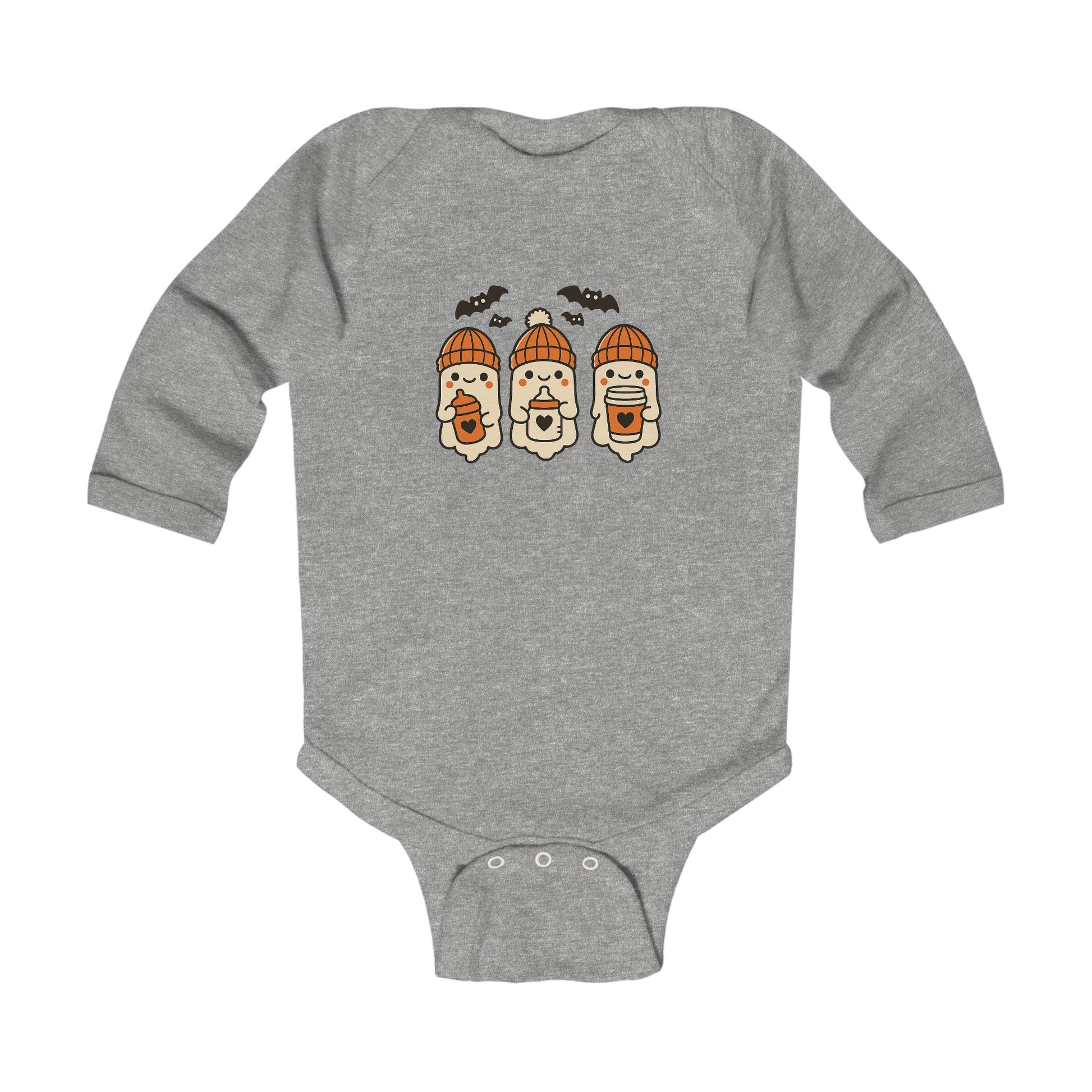 Cute gray baby onesie with three cartoon ghosts wearing orange beanies, holding bottles and cups, with flying bats – cozy Halloween long sleeve bodysuit.
