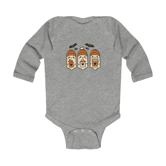 Cute gray baby onesie with three cartoon ghosts wearing orange beanies, holding bottles and cups, with flying bats – cozy Halloween long sleeve bodysuit.
