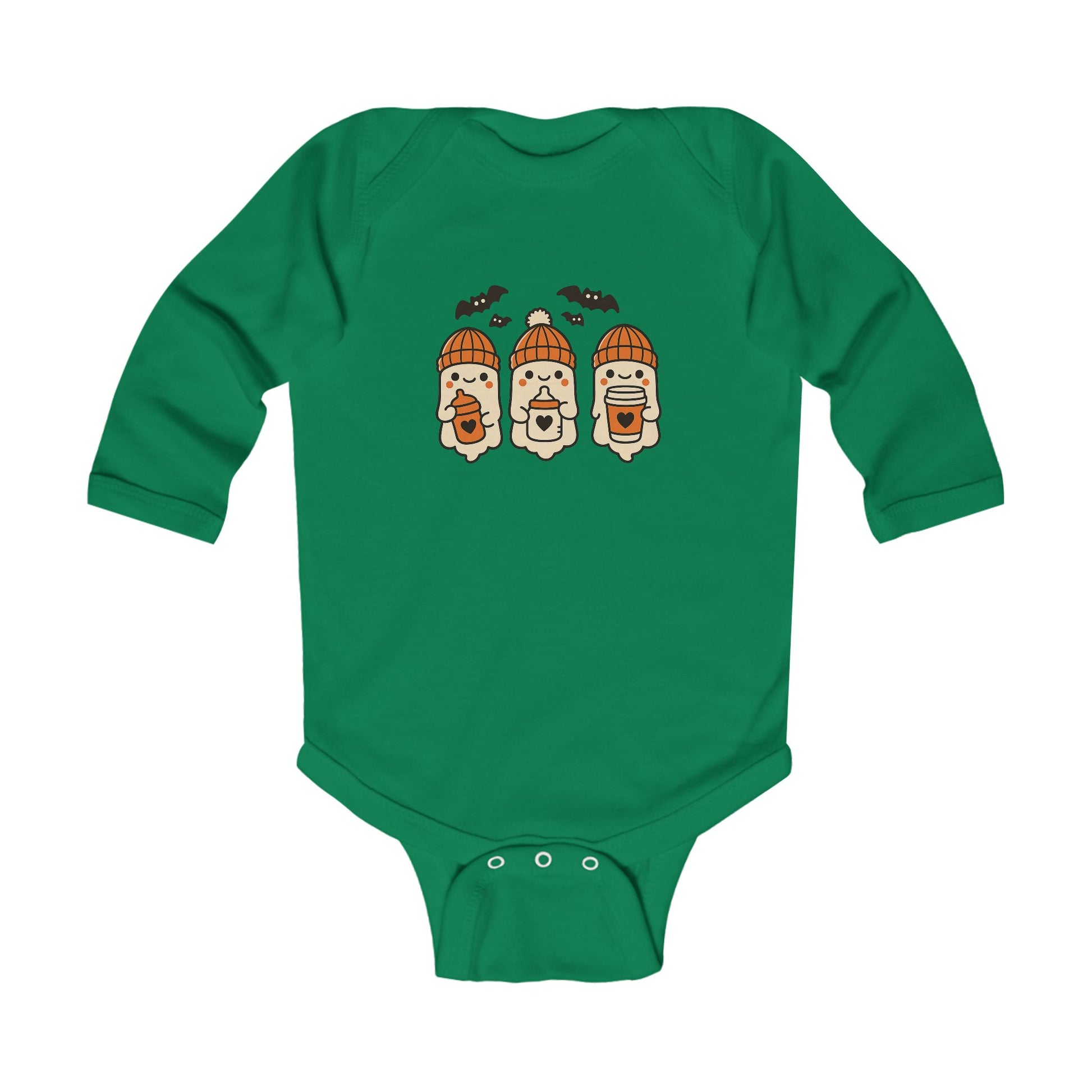 Adorable green baby onesie featuring three kawaii ghosts in orange beanies, holding baby bottles and cups, with bats above – festive Halloween bodysuit.