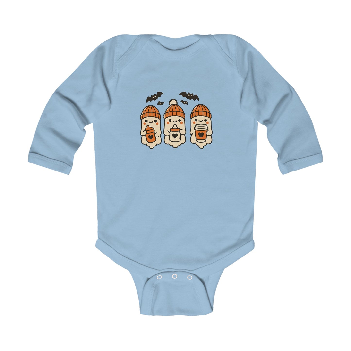 Light blue baby onesie decorated with three smiling cartoon ghosts in orange knit beanies, holding heart bottles and cups, with bats flying overhead.