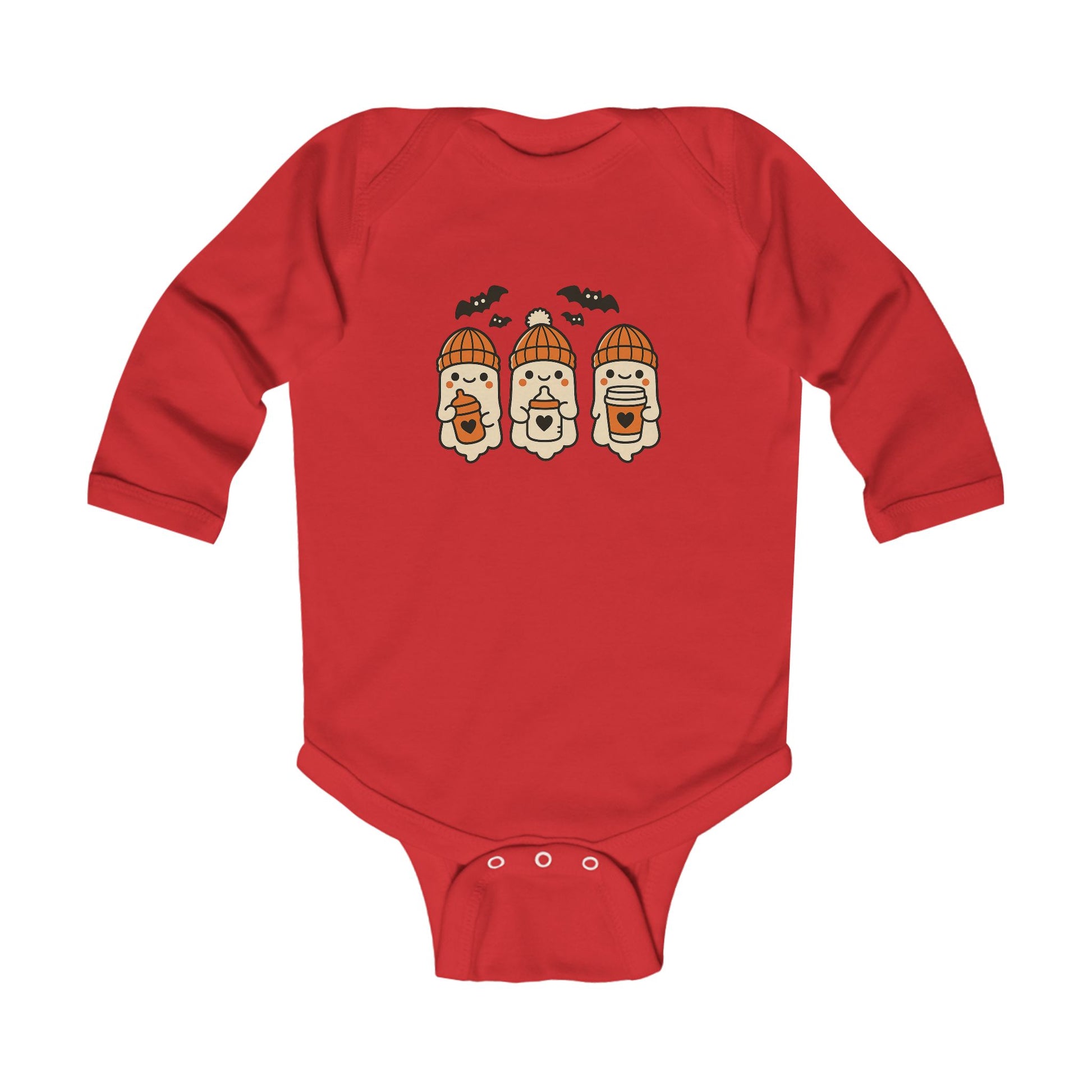 Fun red baby onesie with adorable ghost characters in orange knit hats, holding bottles and mugs with hearts, perfect spooky Halloween outfit.