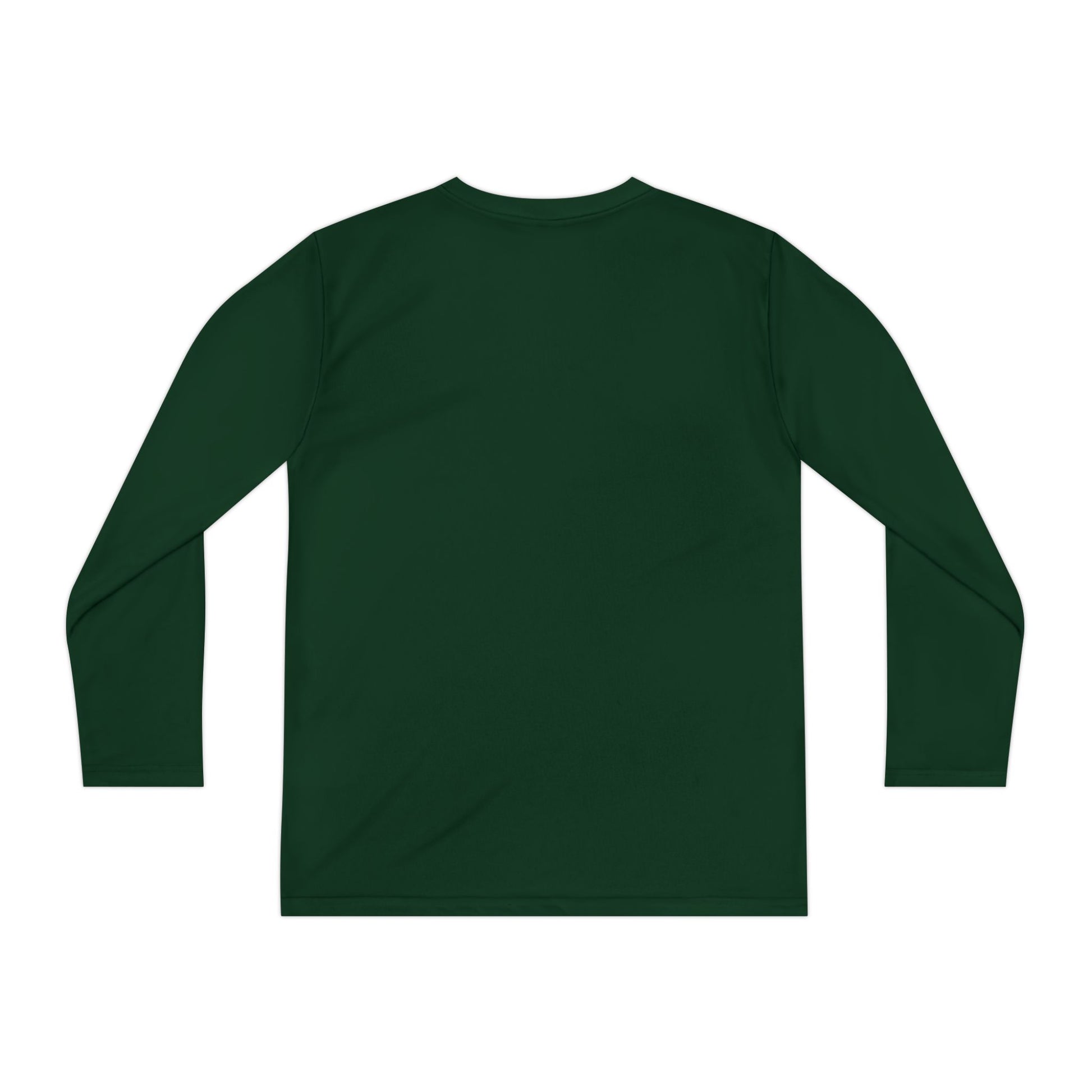 Back view of dark green long sleeve Halloween shirt, plain with no design.