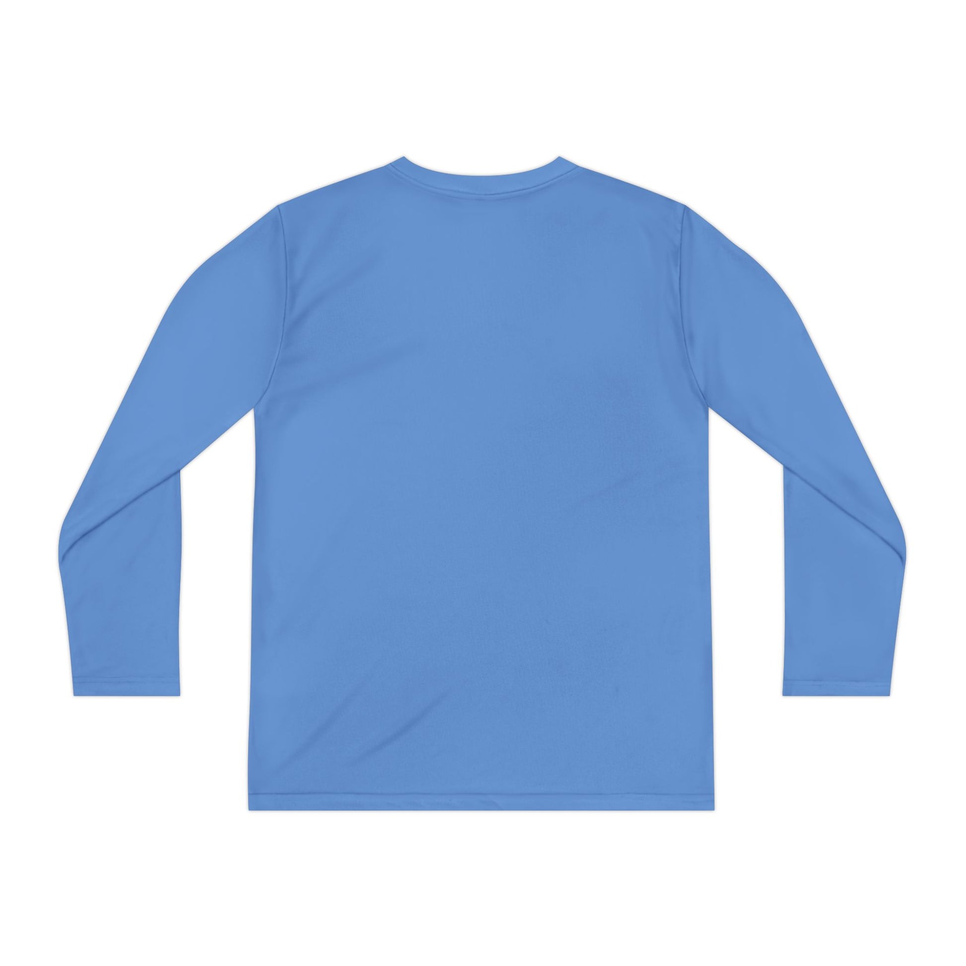 Back view of light blue long sleeve Halloween shirt, plain with no design.