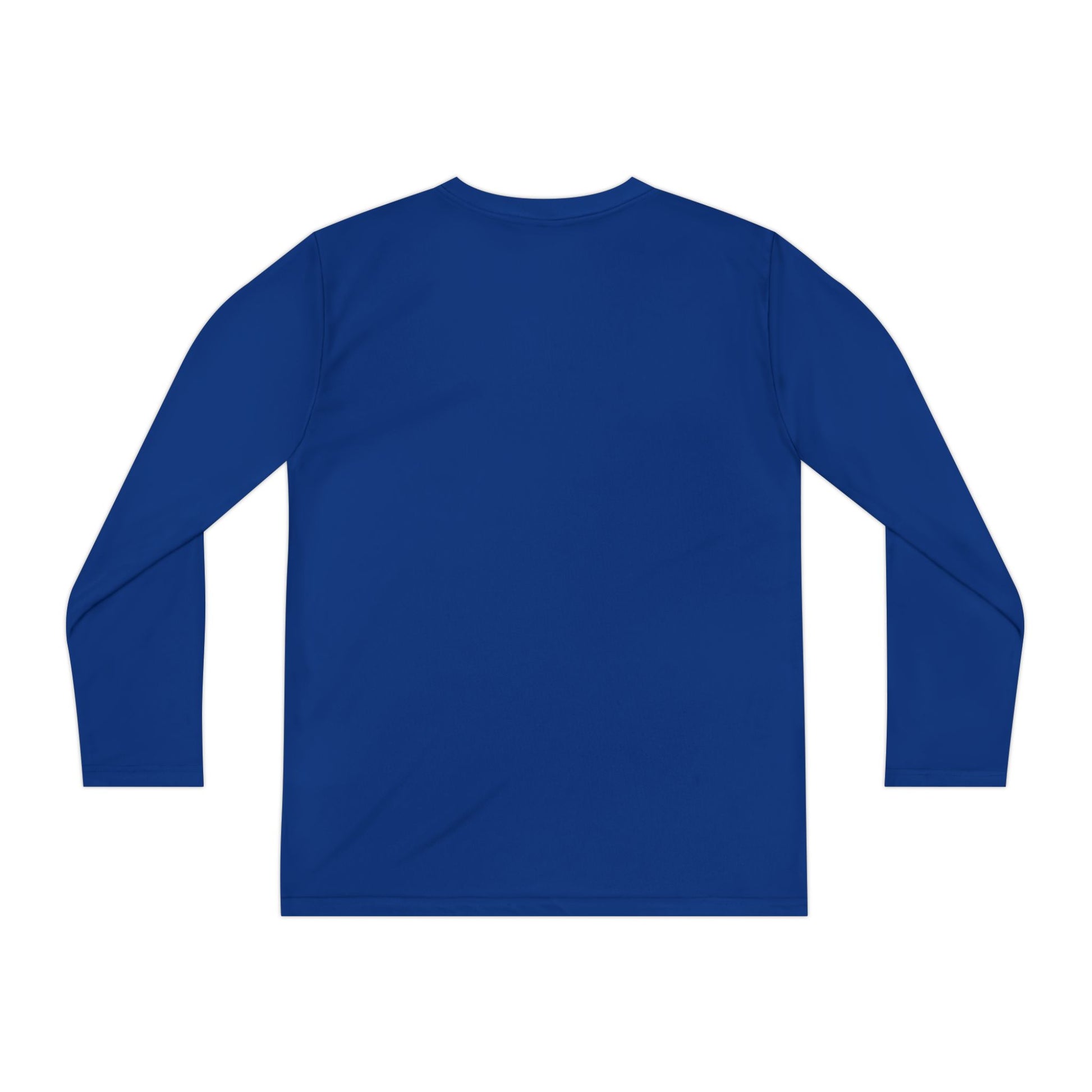 Back view of royal blue long sleeve Halloween shirt, plain with no design.