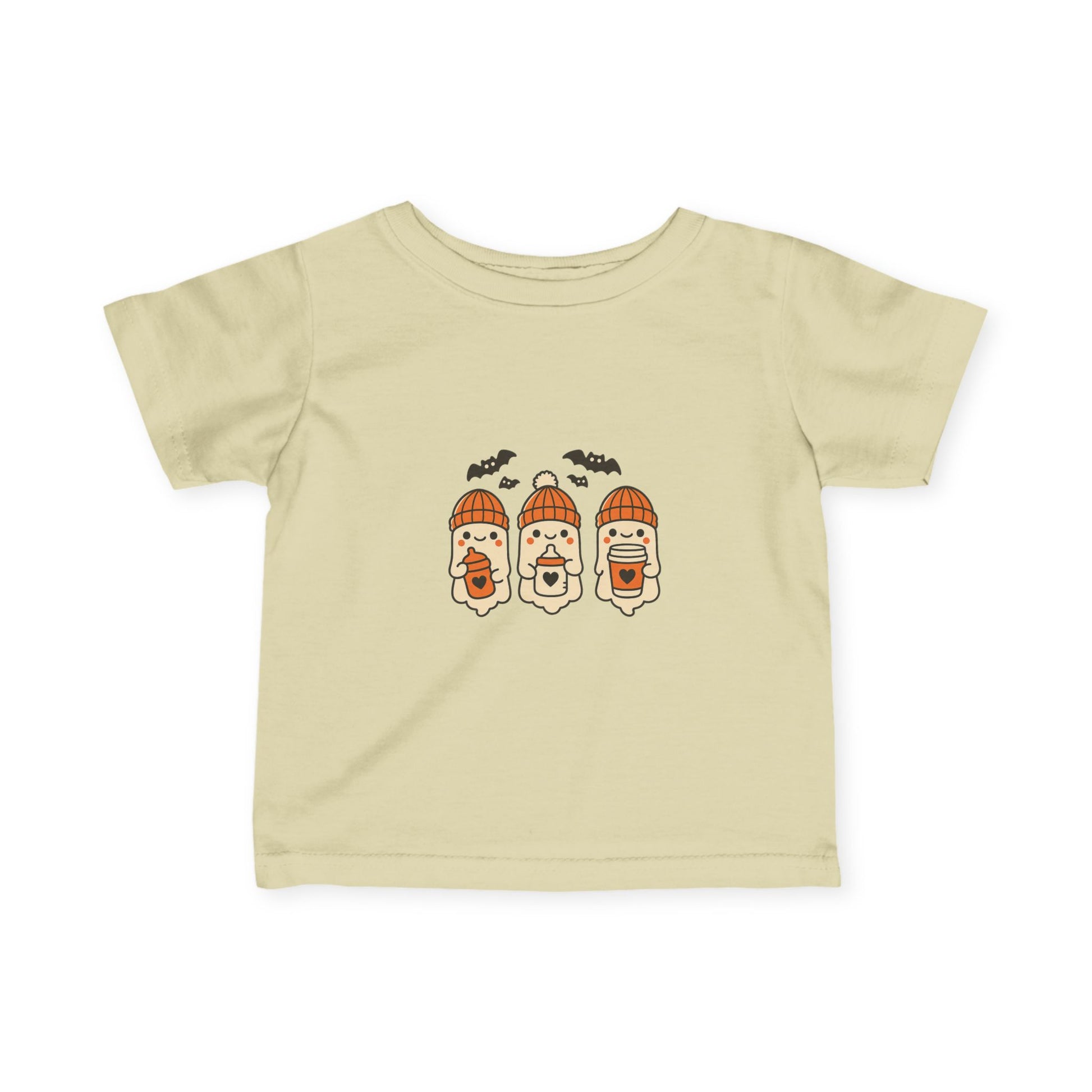 Light butter yellow toddler t-shirt with cute Halloween ghost trio in orange beanies holding bottles and sippy cups.