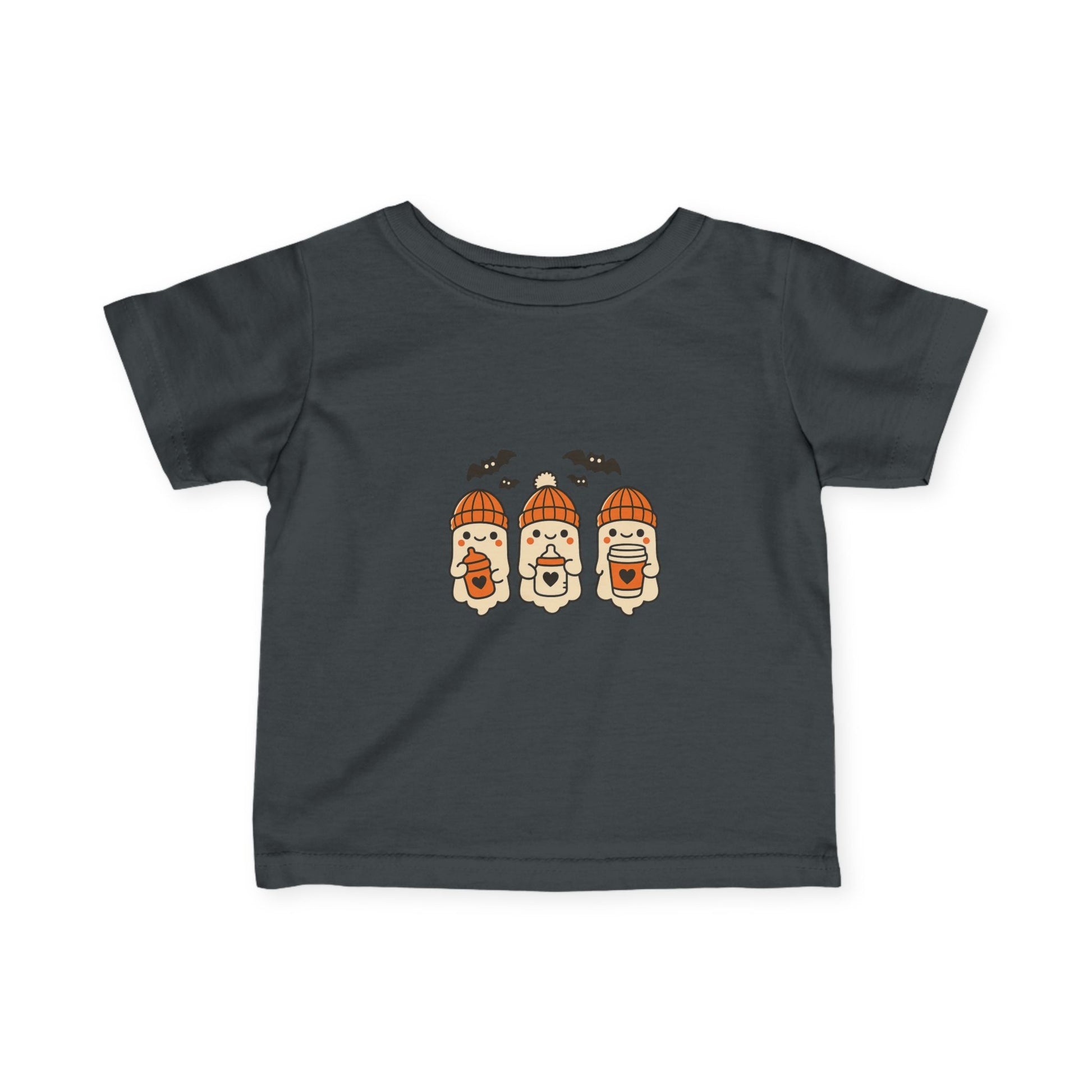 Dark gray toddler Halloween shirt with cute ghost trio wearing orange beanies and holding festive drinks.