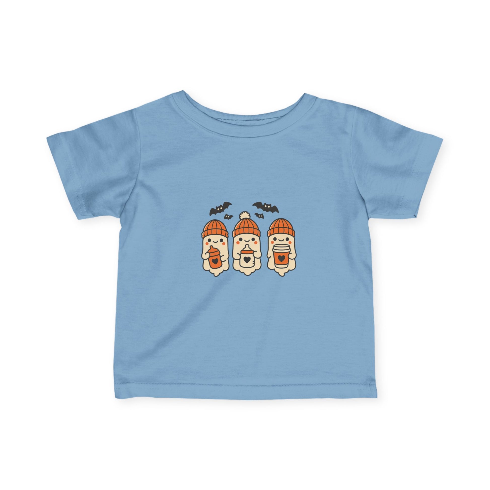 Light blue toddler Halloween shirt with trio of happy ghosts in orange beanies and bats above.