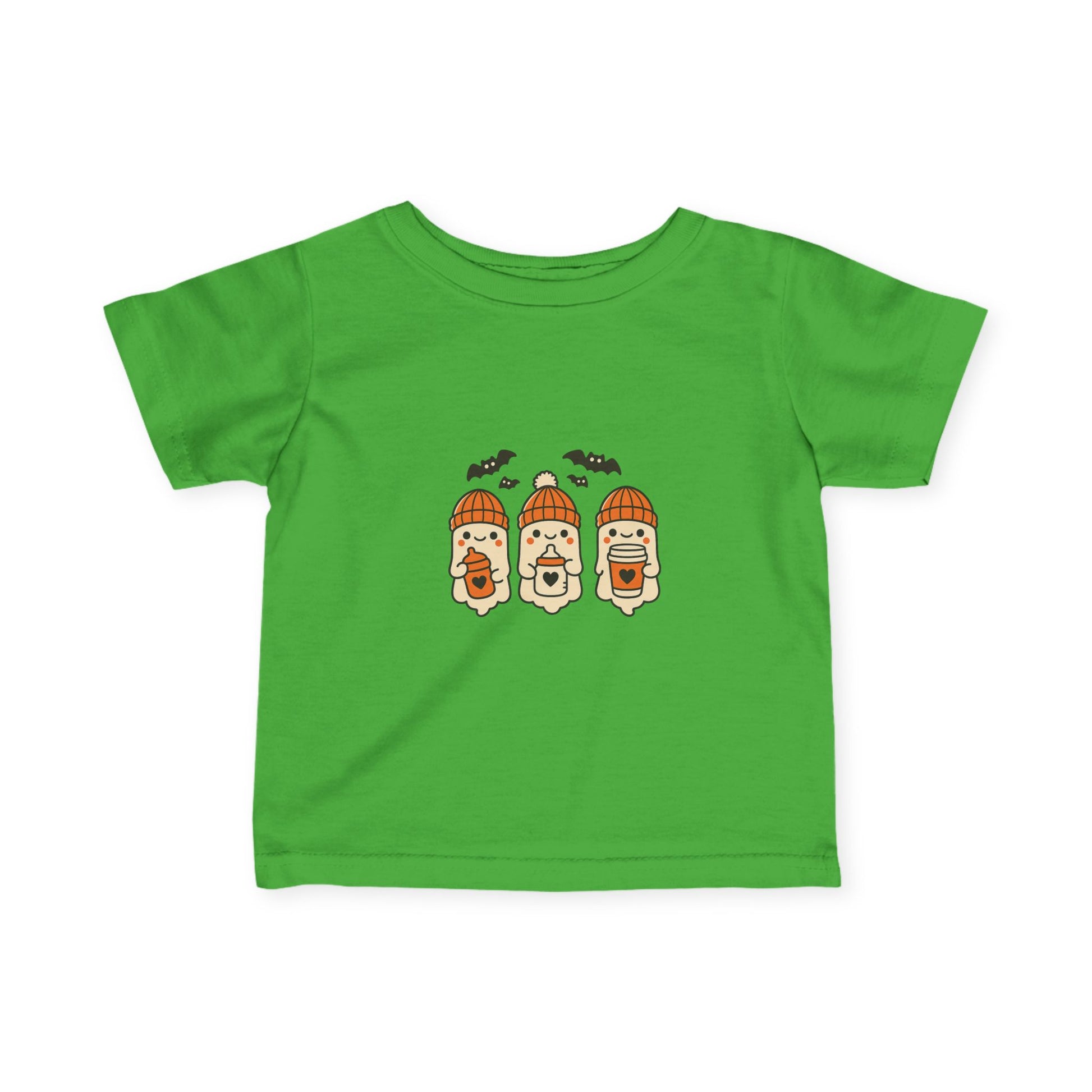 Green toddler Halloween shirt with cartoon ghosts wearing orange beanies holding baby bottles and sippy cups.