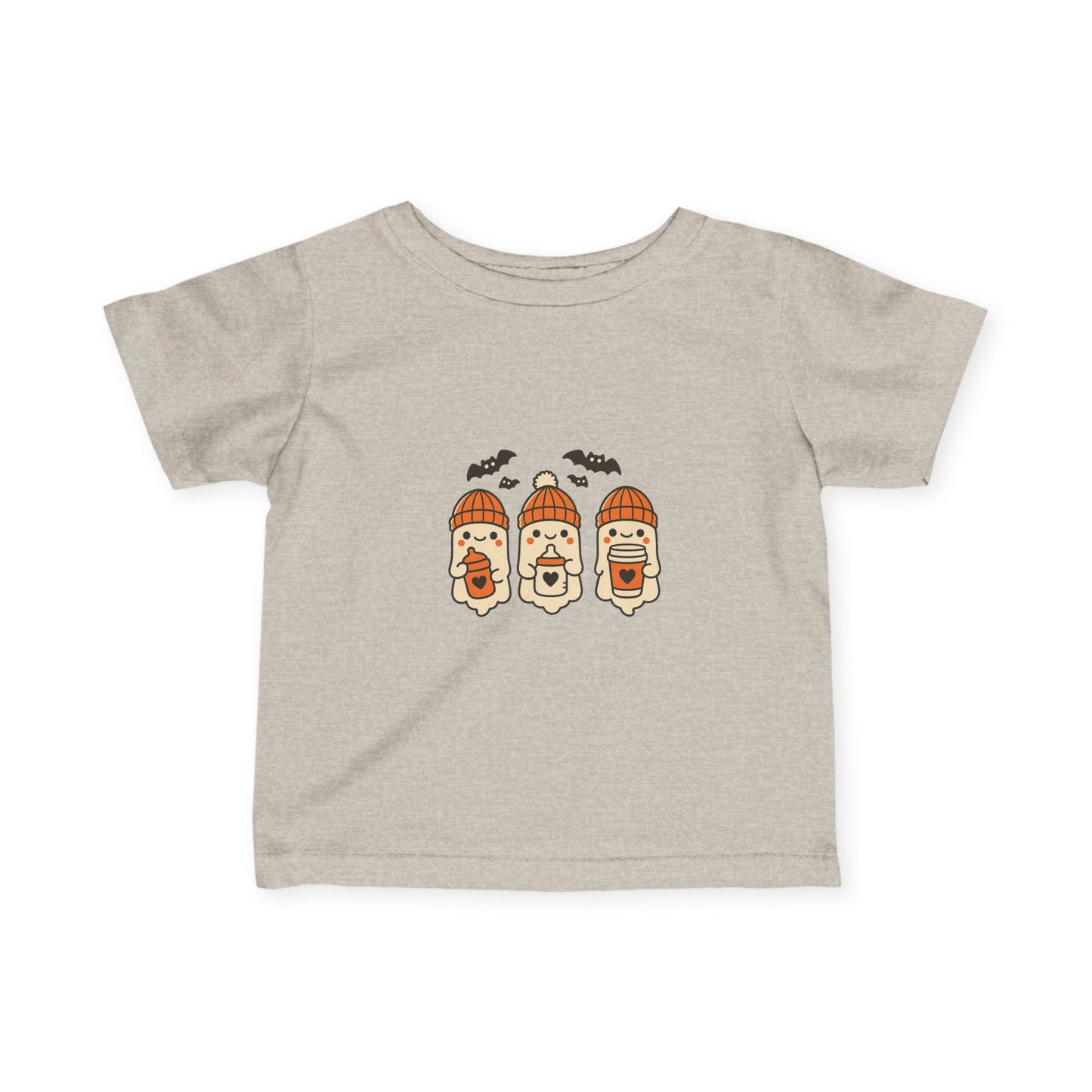 Heather oatmeal toddler Halloween tee featuring three kawaii ghosts in orange knit beanies holding drinks with bats.