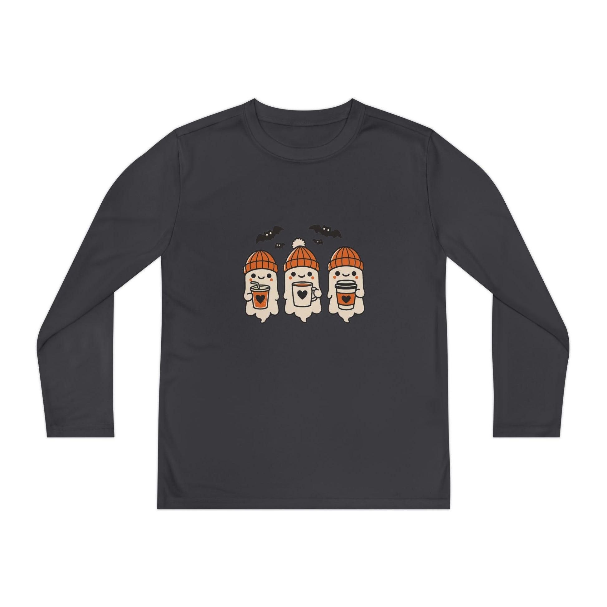 Charcoal gray Halloween ghost beanie youth long sleeve tee, festive fall shirt with three cute ghosts and bats.