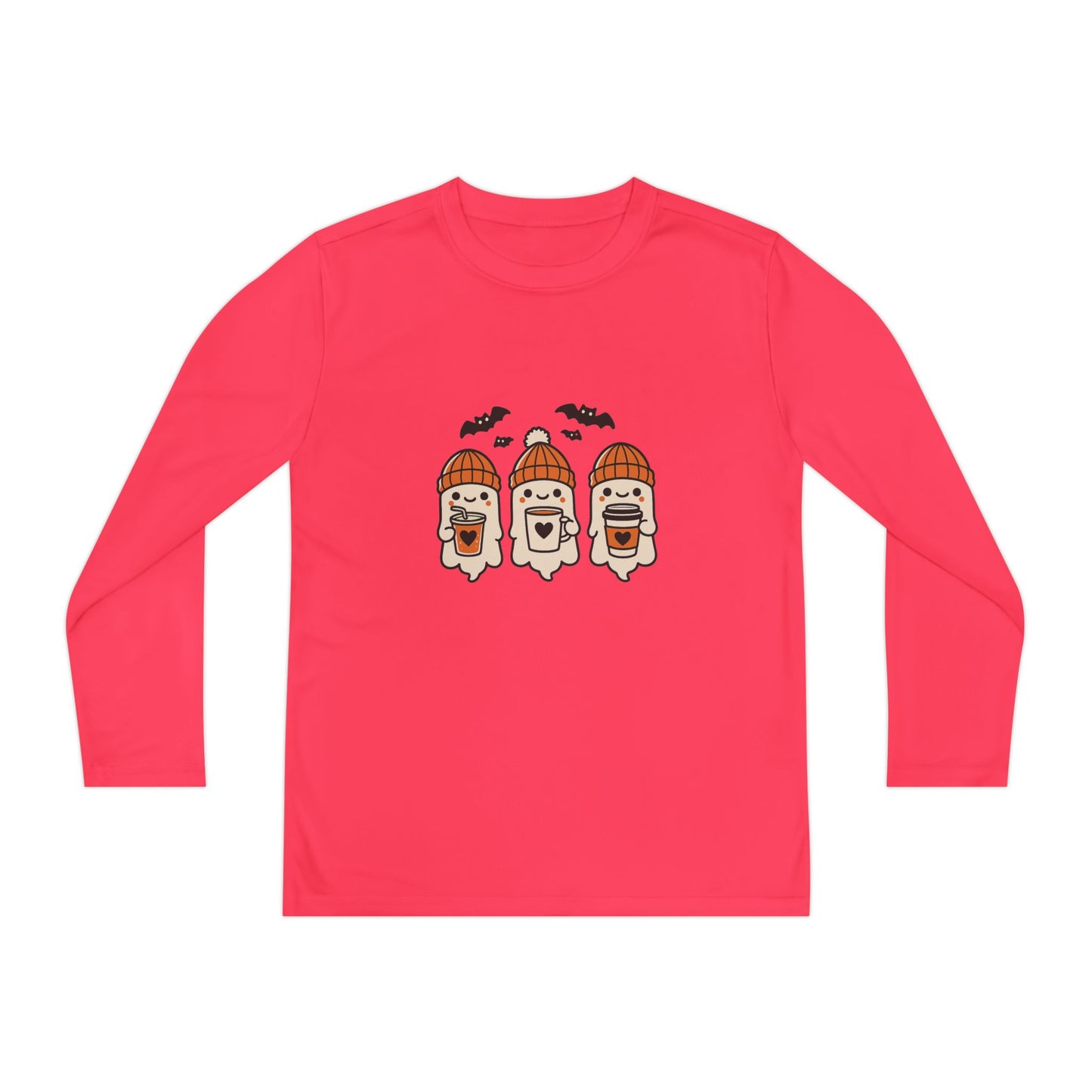 Coral Halloween ghost beanie youth long sleeve tee, festive fall shirt with three cute ghosts and bats.
