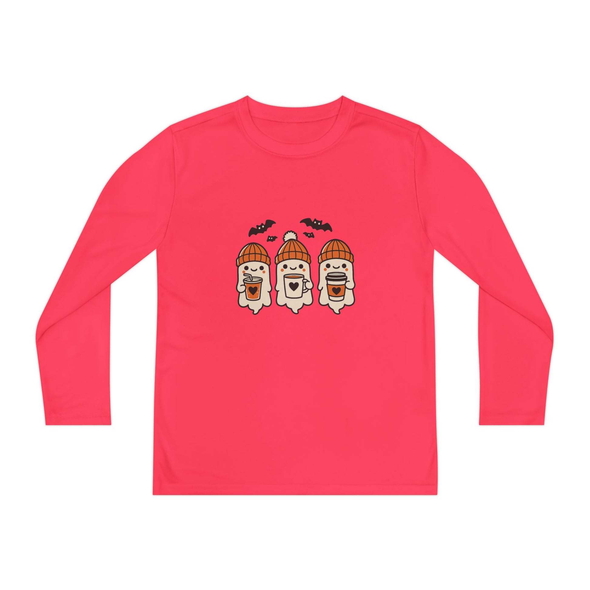 Coral Halloween ghost beanie youth long sleeve tee, festive fall shirt with three cute ghosts and bats.