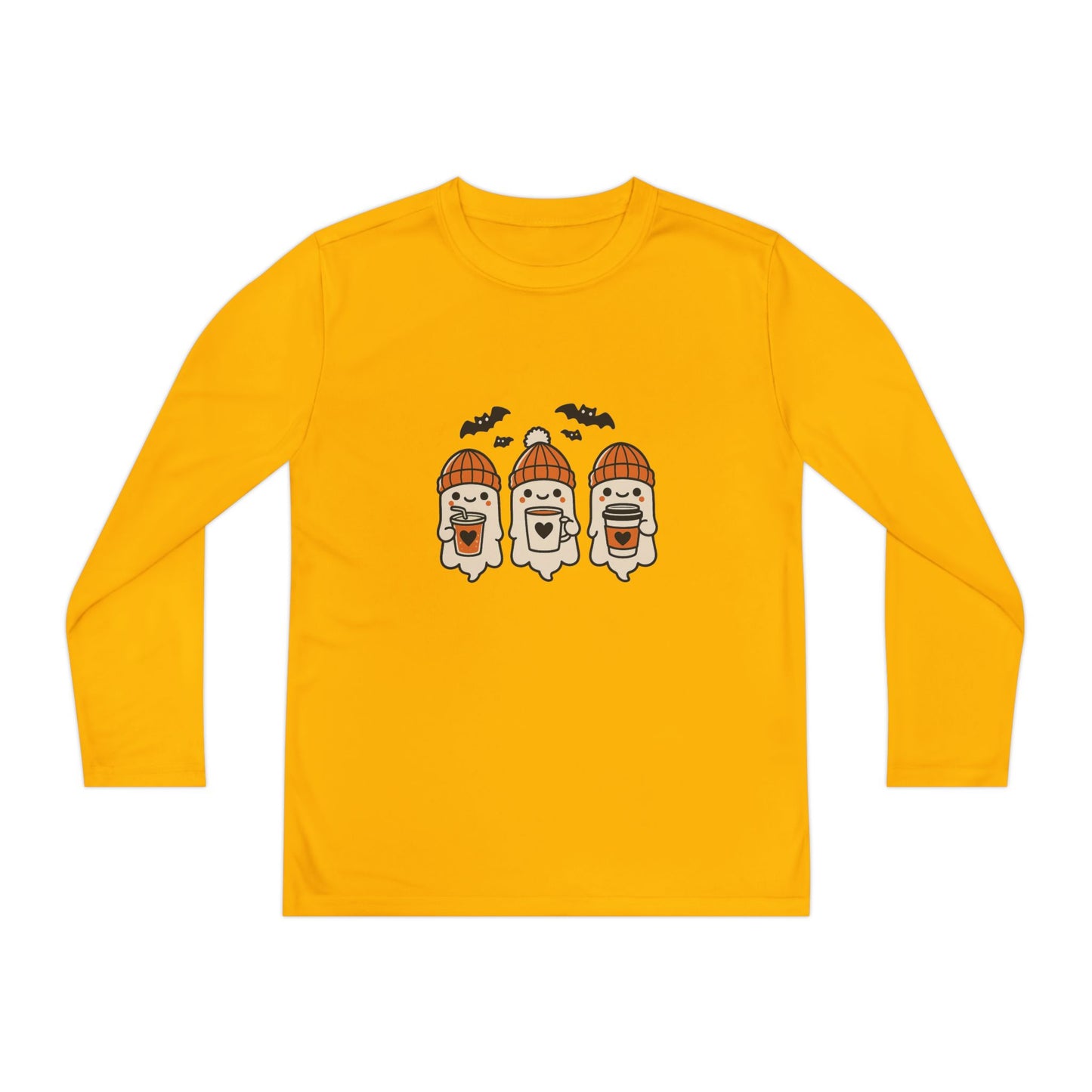 Gold Halloween ghost beanie youth long sleeve tee, festive fall shirt with three cute ghosts and bats.