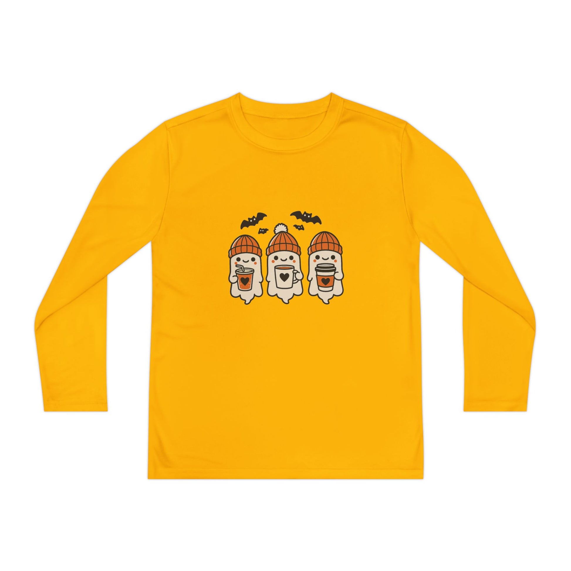 Gold Halloween ghost beanie youth long sleeve tee, festive fall shirt with three cute ghosts and bats.