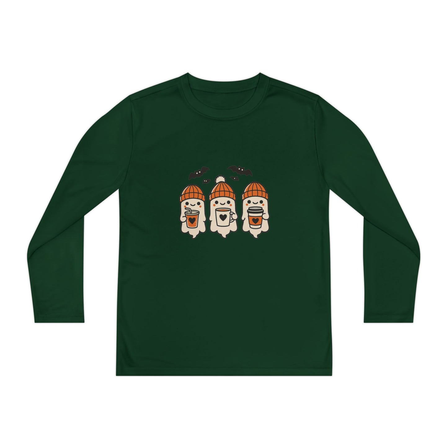Halloween ghost beanie youth long sleeve shirt in dark green, front view with three cozy ghosts and bats.