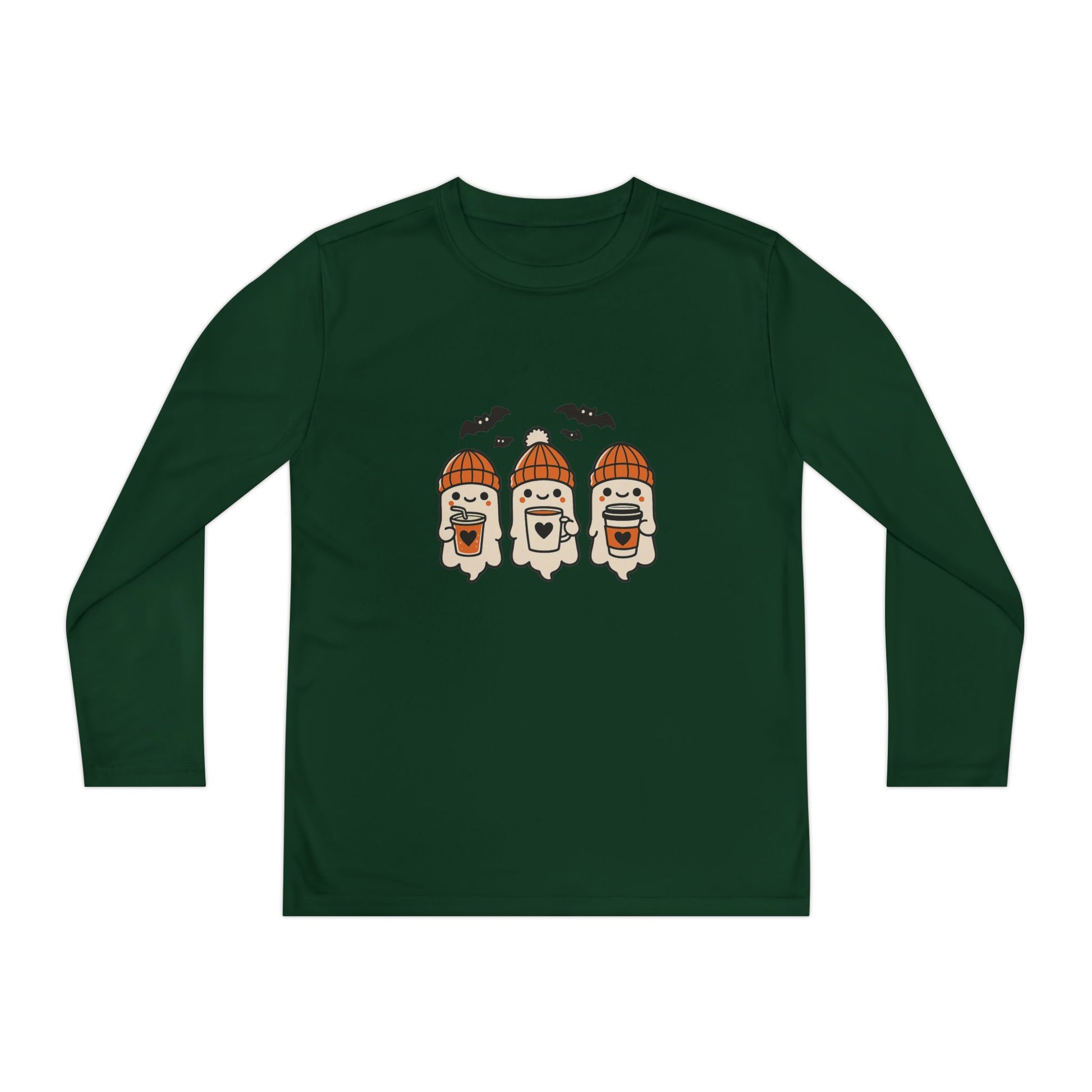 Halloween ghost beanie youth long sleeve shirt in dark green, front view with three cozy ghosts and bats.