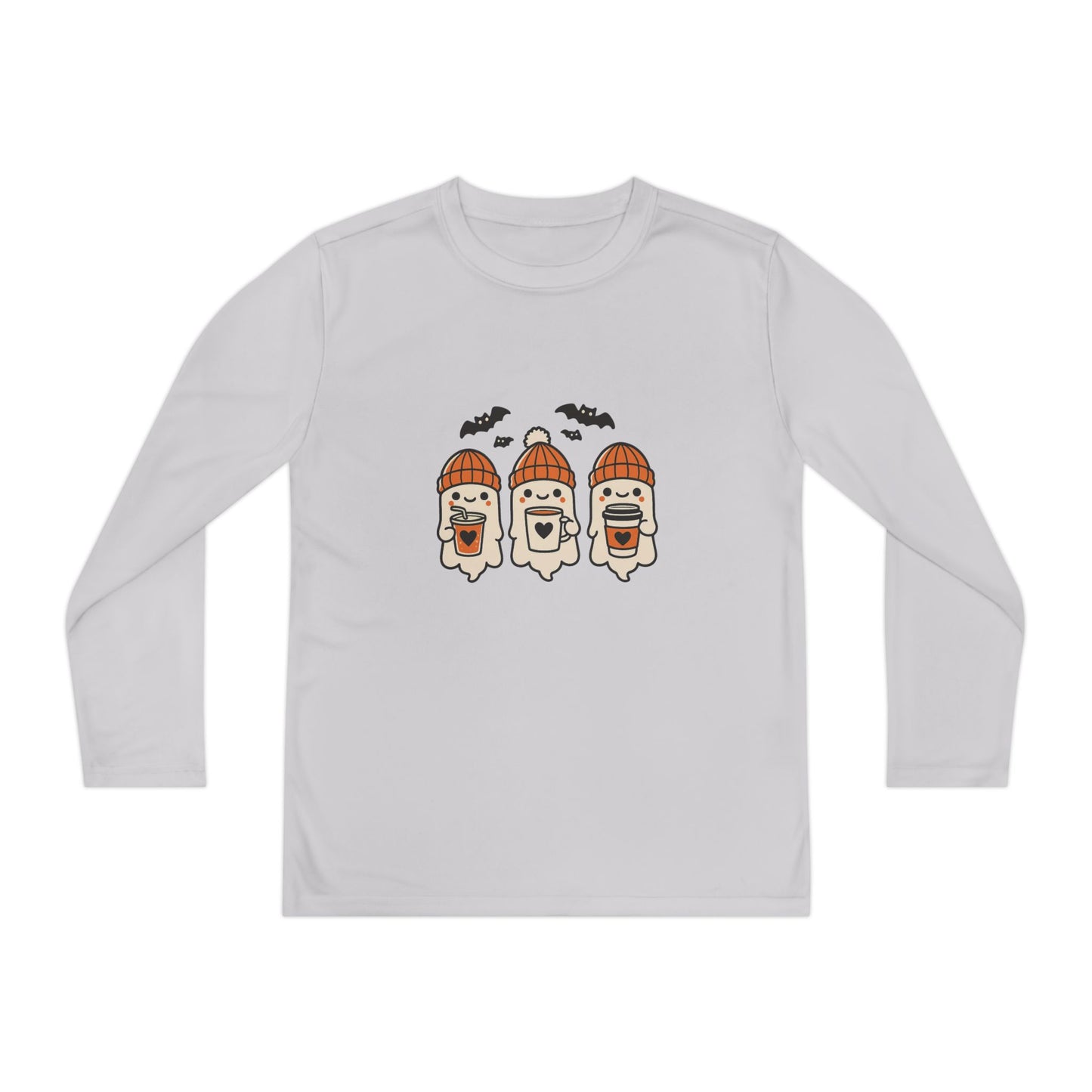 Heather Grey Halloween ghost beanie youth long sleeve tee, festive fall shirt with three cute ghosts and bats.