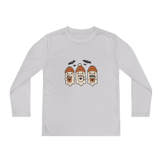 Heather Grey Halloween ghost beanie youth long sleeve tee, festive fall shirt with three cute ghosts and bats.