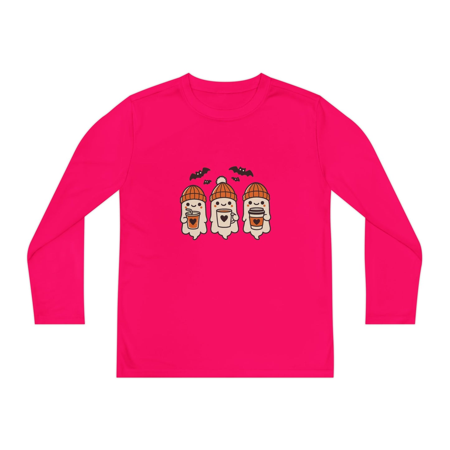 Hot pink Halloween ghost beanie youth long sleeve shirt, playful ghost design with bats overhead.