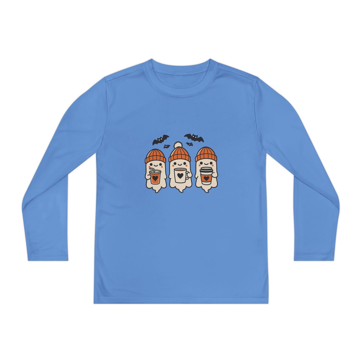 Halloween ghost beanie youth long sleeve shirt in light blue, front view with kawaii ghost trio holding mugs.