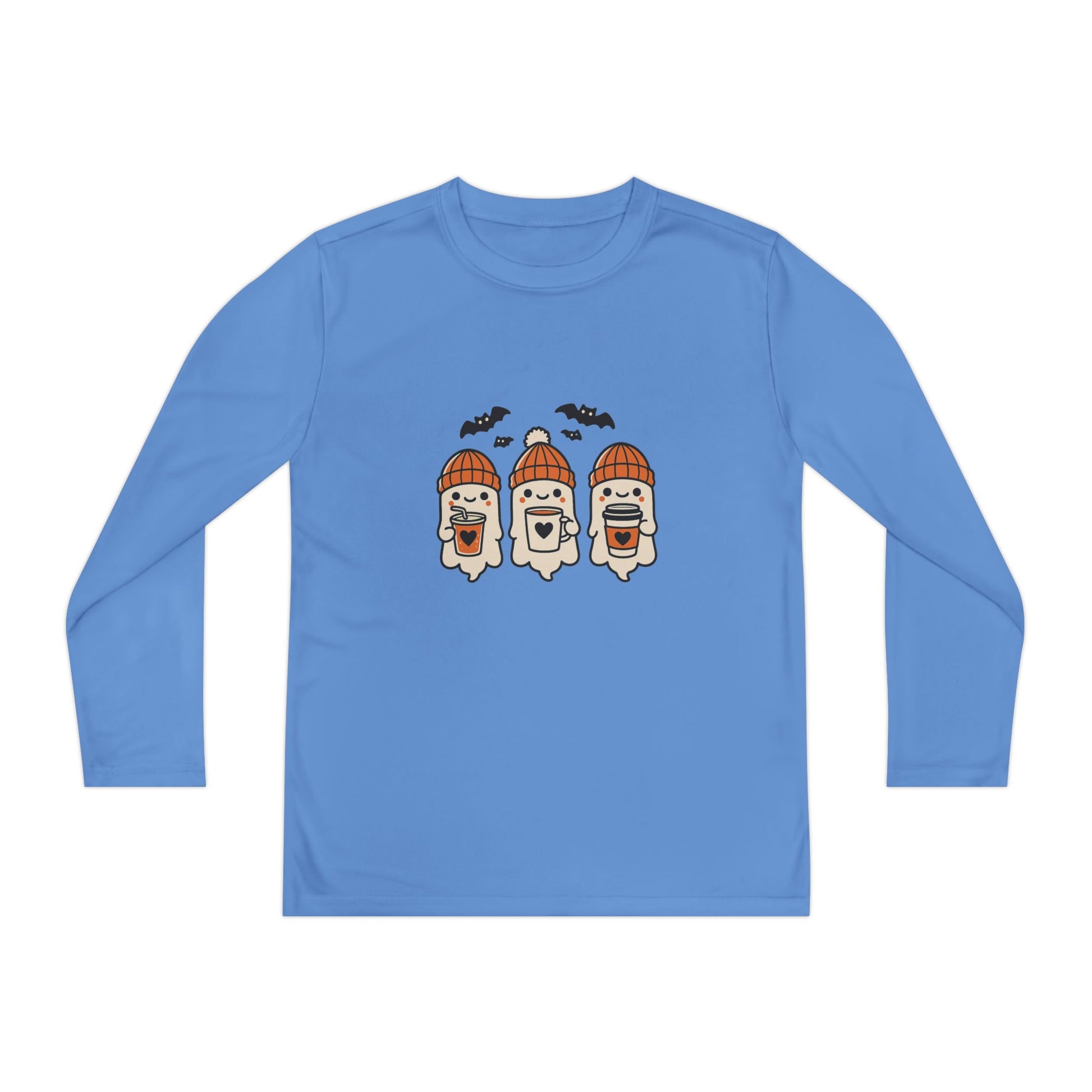 Halloween ghost beanie youth long sleeve shirt in light blue, front view with kawaii ghost trio holding mugs.
