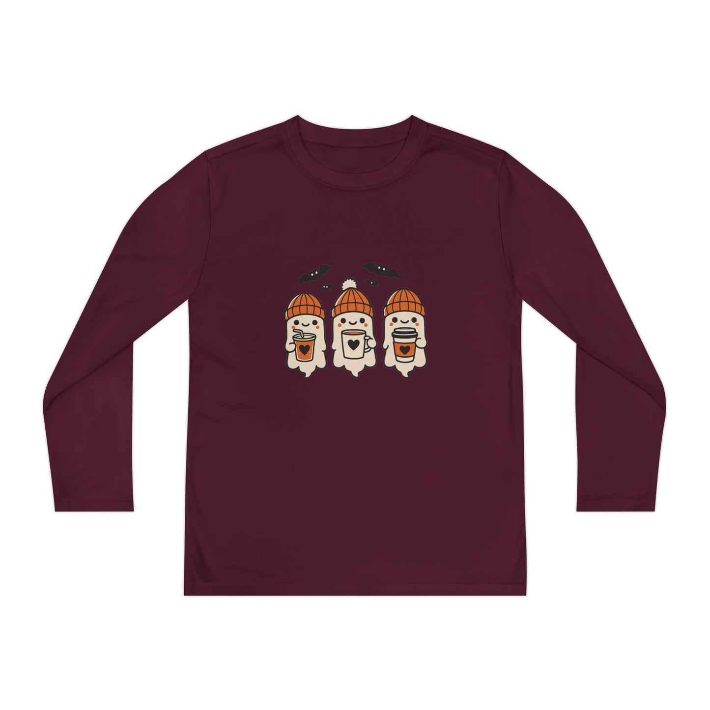 Maroon Halloween ghost beanie youth long sleeve tee, festive fall shirt with three cute ghosts and bats.