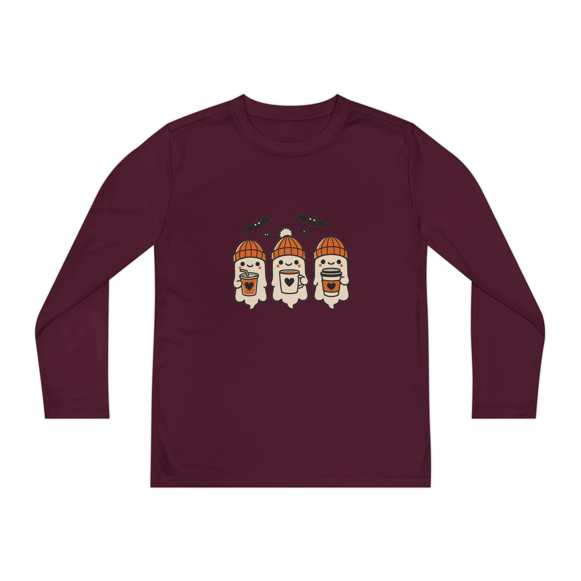 Maroon Halloween ghost beanie youth long sleeve tee, festive fall shirt with three cute ghosts and bats.