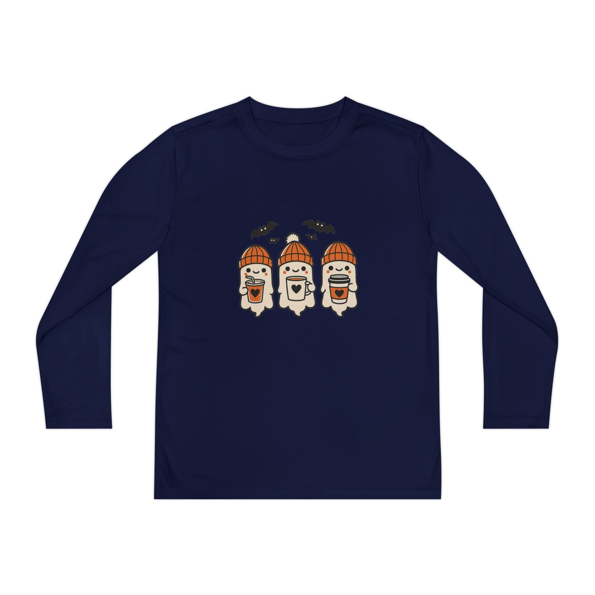 Navy blue Halloween ghost beanie youth long sleeve tee, playful ghosts in orange hats with mugs and bats.